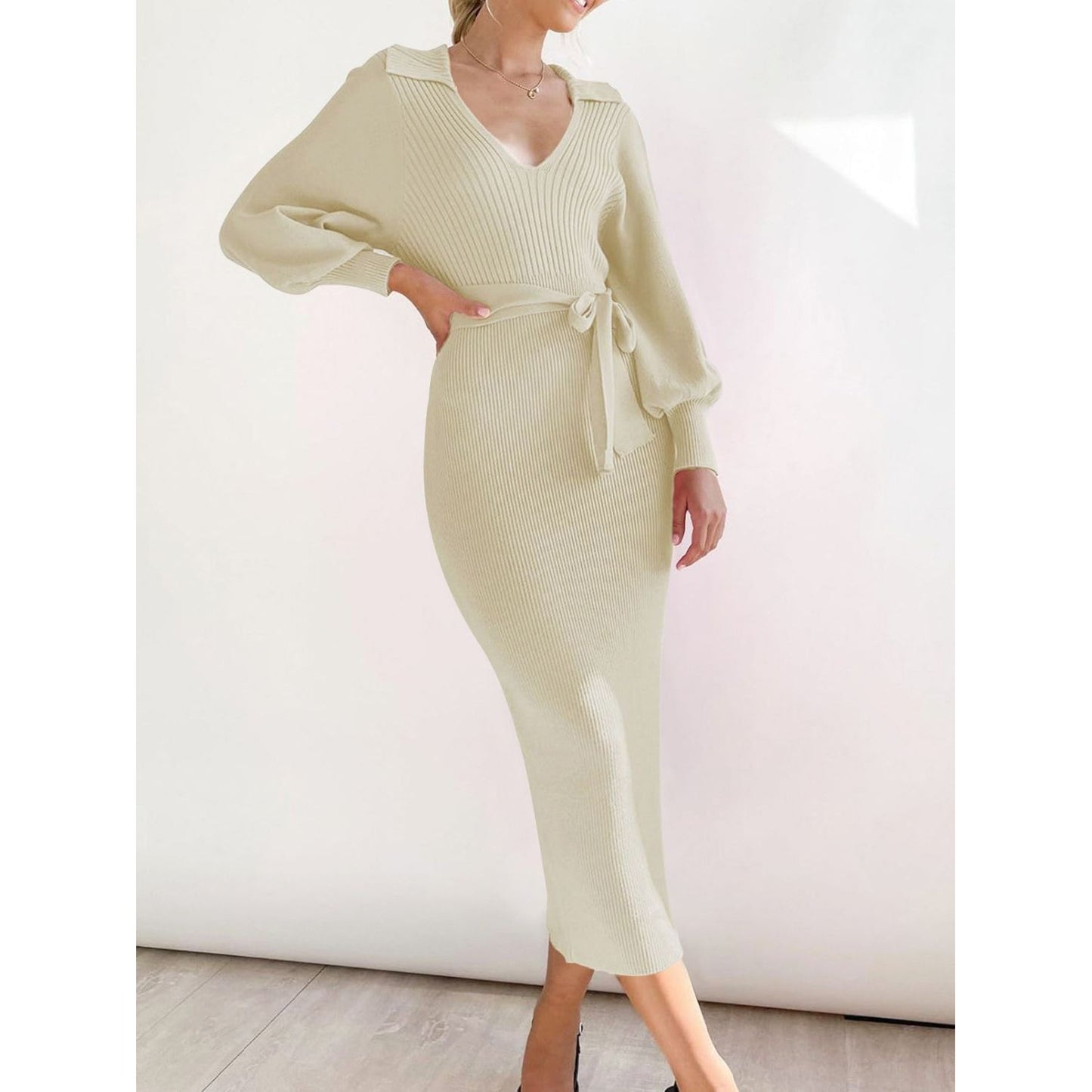 Perfee Tied Long Sleeve Wrap Sweater Dress