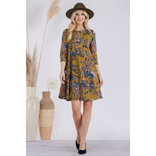 Celeste Full Size Paisley Print Round Neck Dress with Pockets