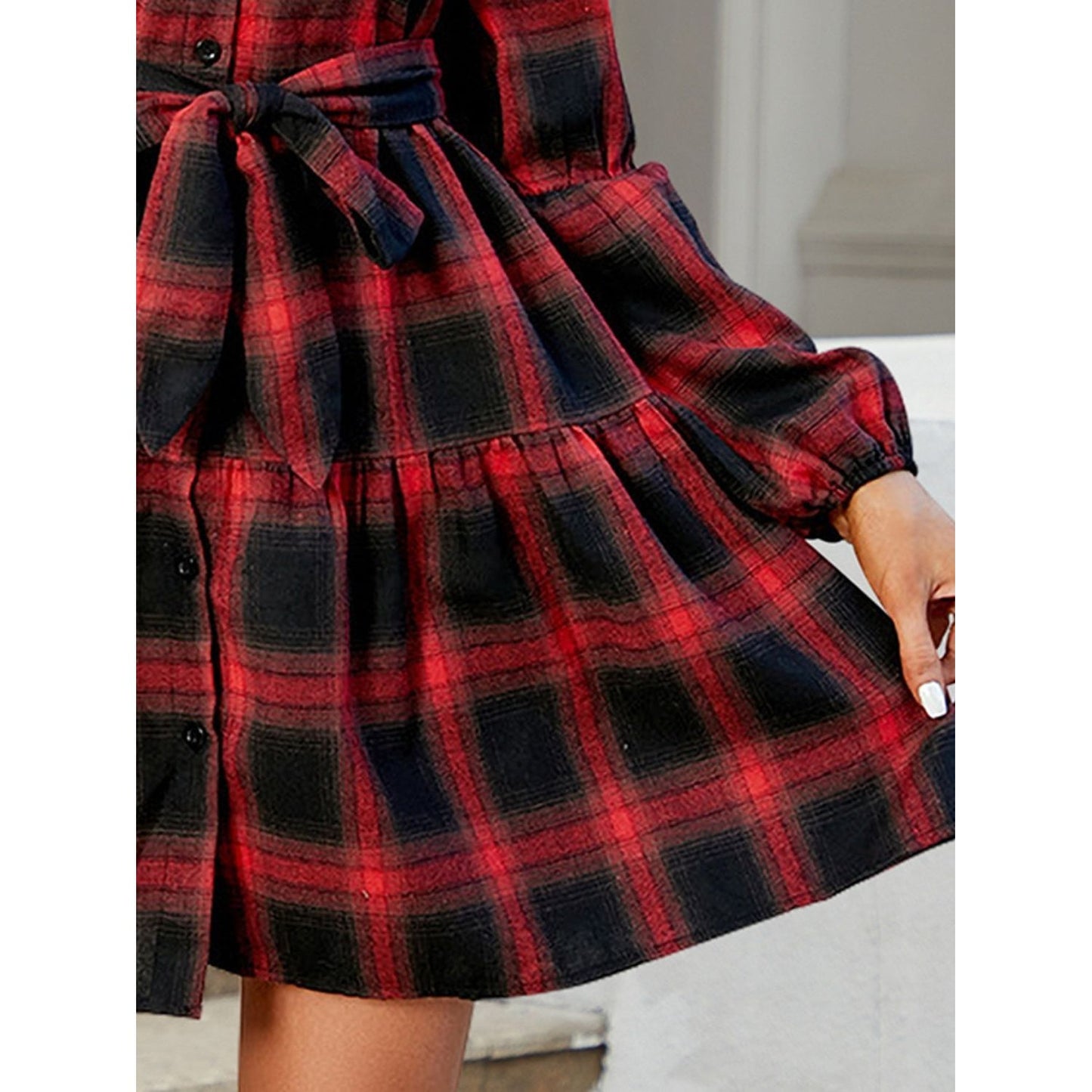 FAM-FAM Tied Plaid Long Sleeve Mini Dress