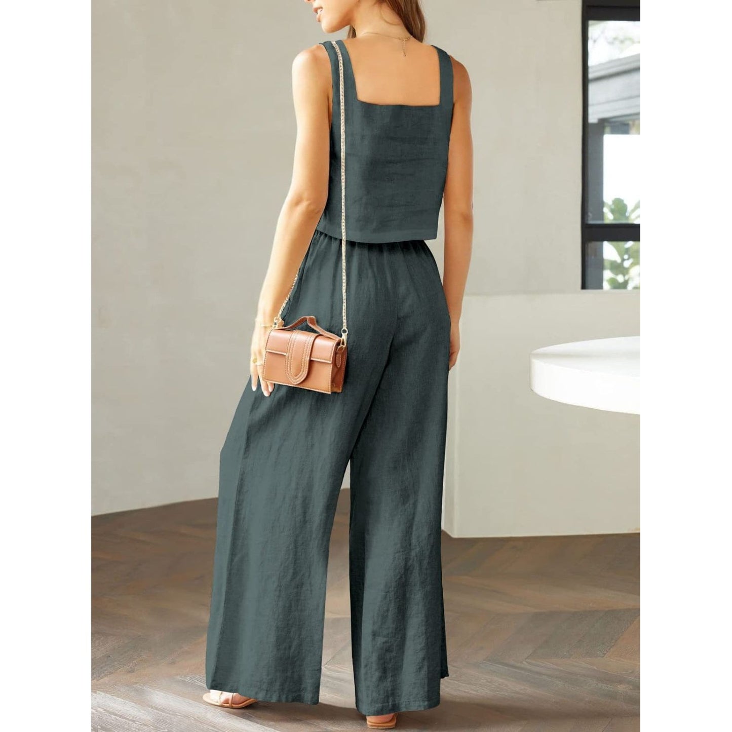 Square Neck Top and Wide Leg Pants Set