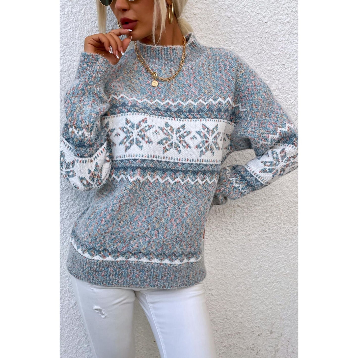 Snowflake Pattern Mock Neck Sweater