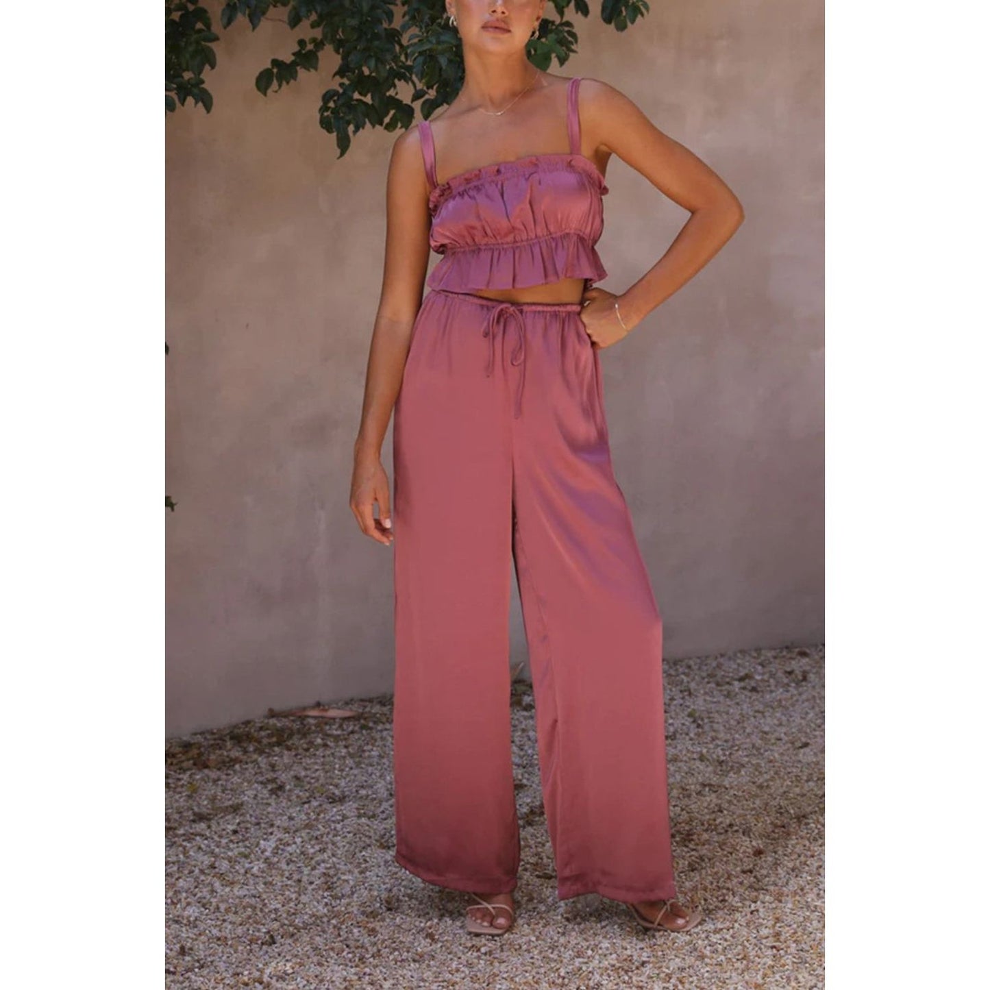 Ruffled Sleeveless Top and Wide Leg Pants Set