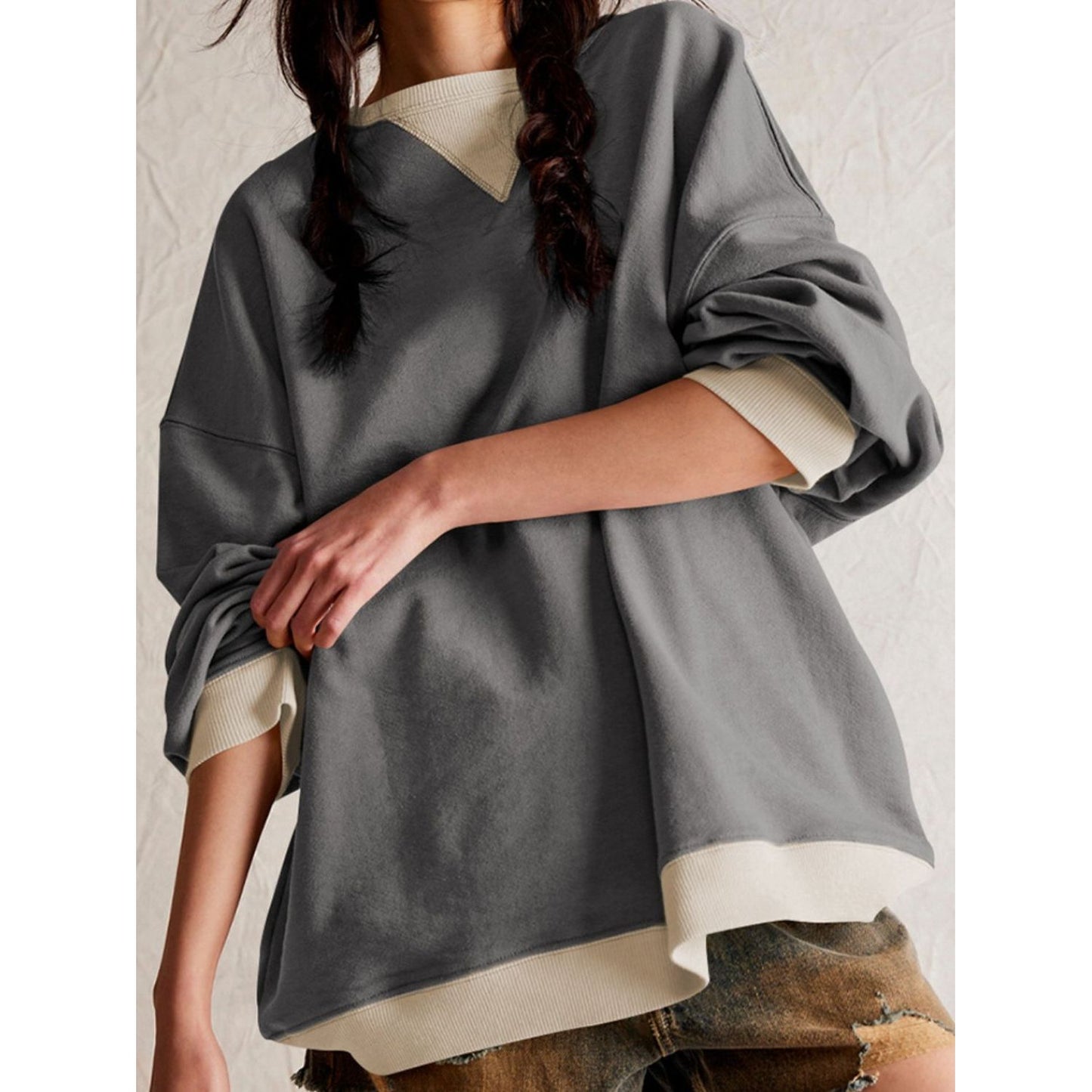 Contrast Dropped Shoulder Long Sleeve Sweatshirt