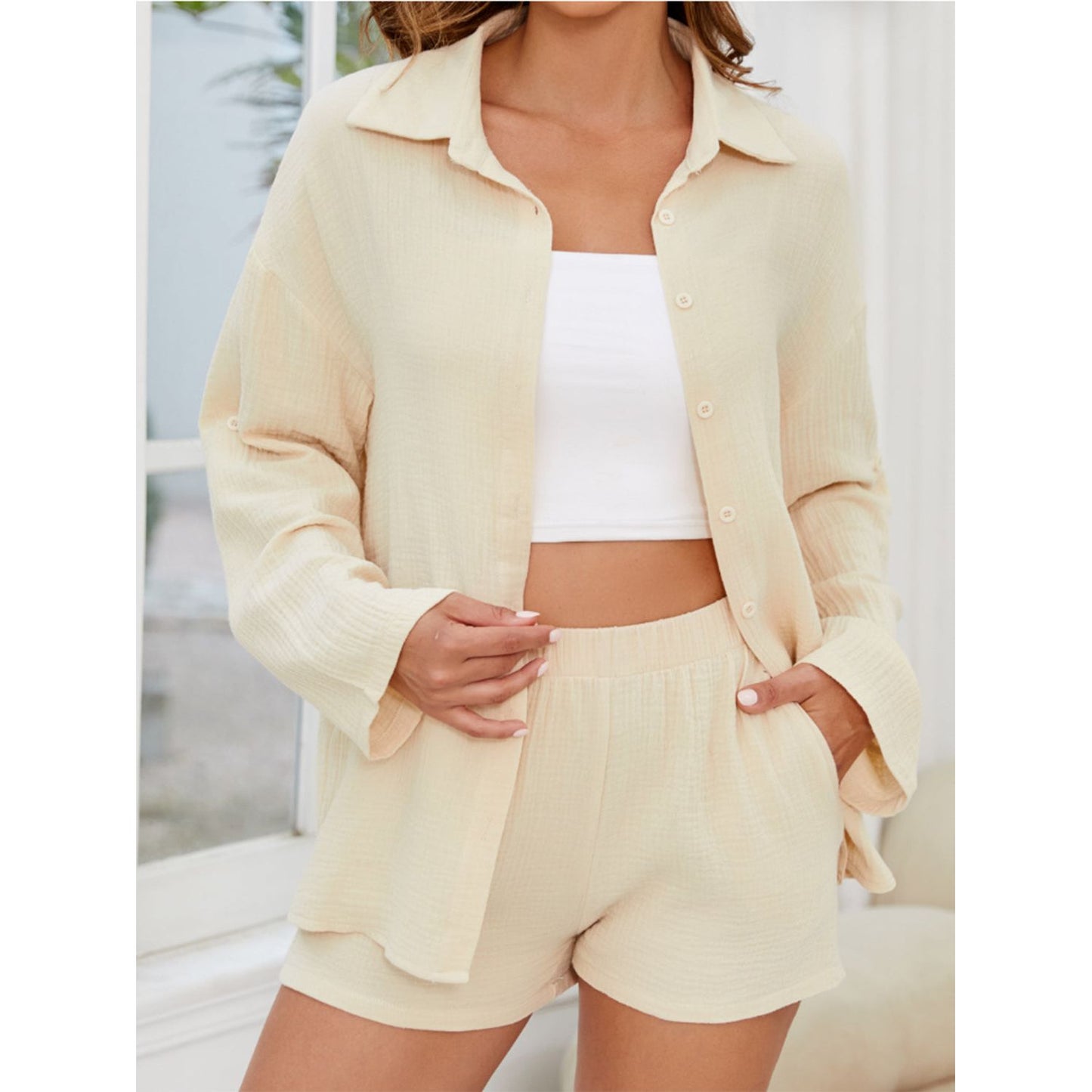 Button Up Long Sleeve Top and Shorts Set