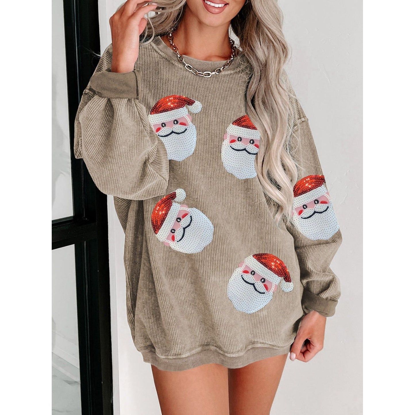 Sequin Santa Patch Ribbed Sweatshirt