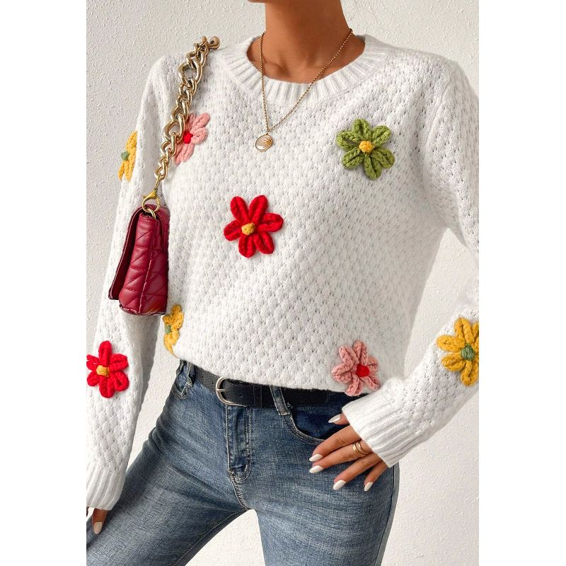 Crochet Flower Round Neck Long Sleeve Sweater