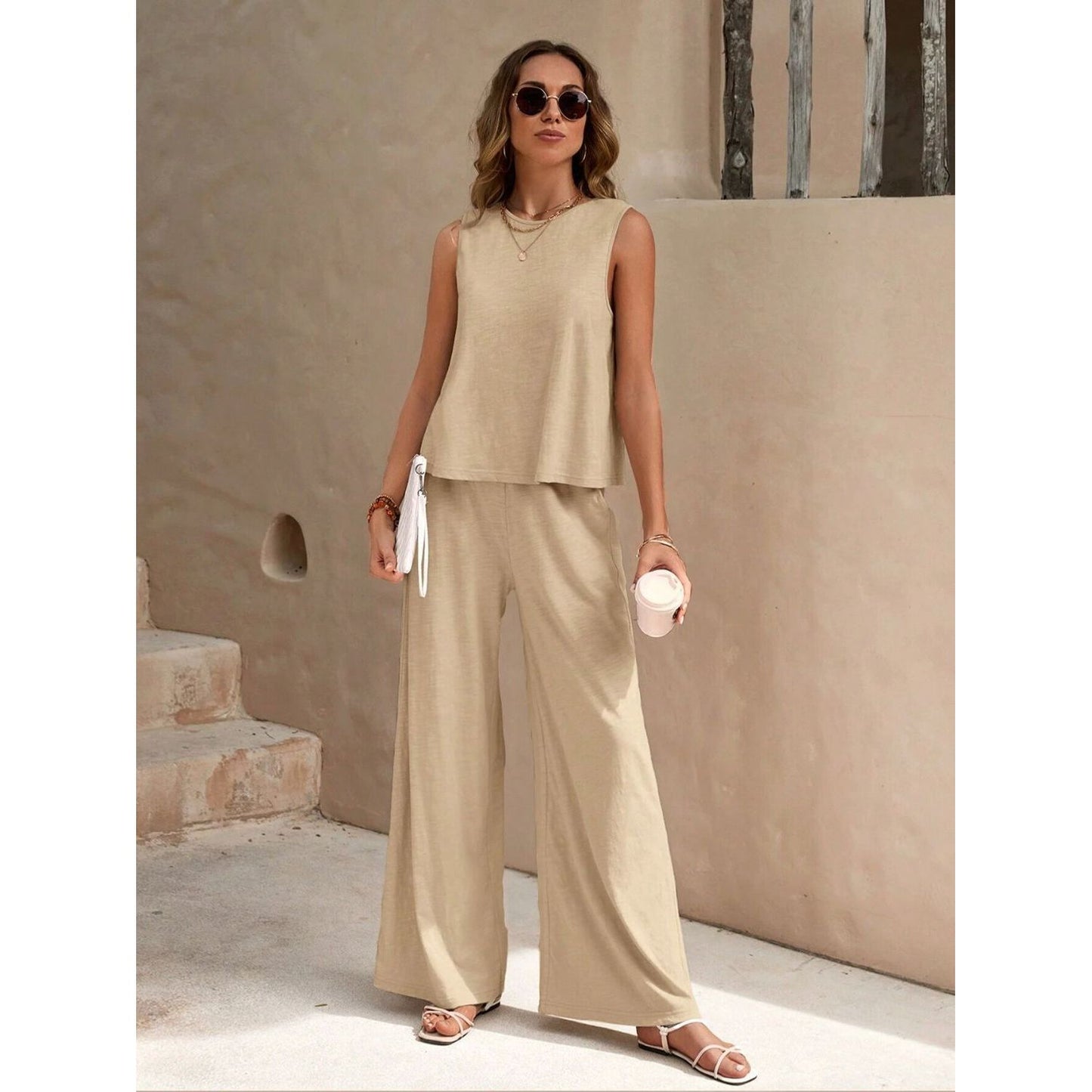 Round Neck Sleeveless Top and Wide Leg Pants Set