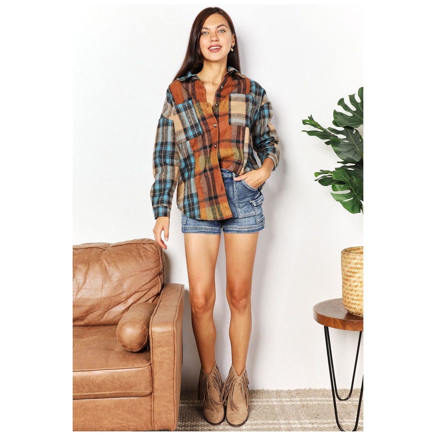 Double Take Plaid Curved Hem Shirt Jacket with Breast Pockets