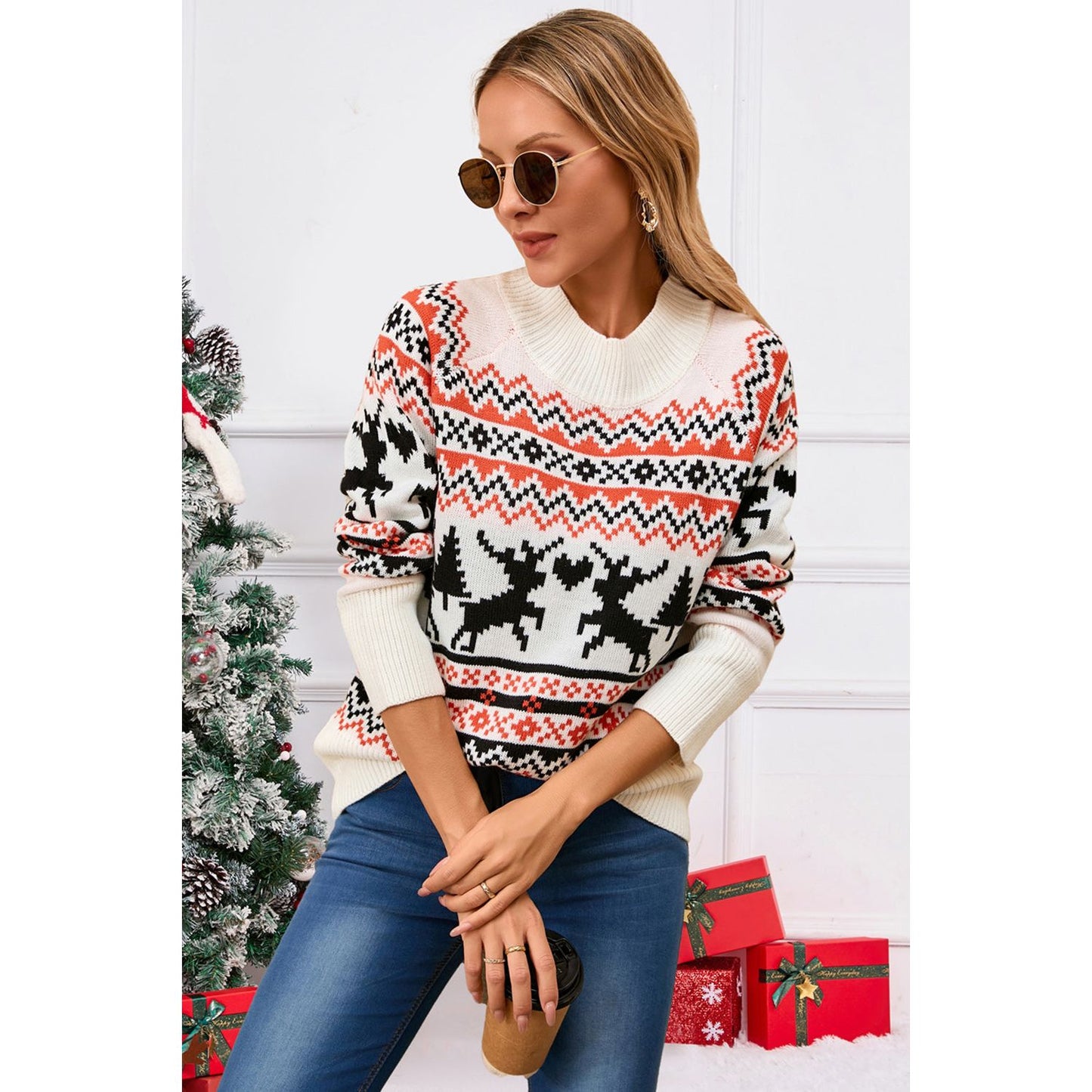 Angel Wings Reindeer Round Neck Long Sleeve Sweater