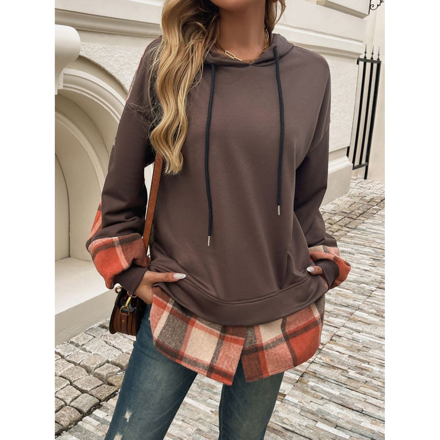 Devine Drawstring Plaid Long Sleeve Hoodie