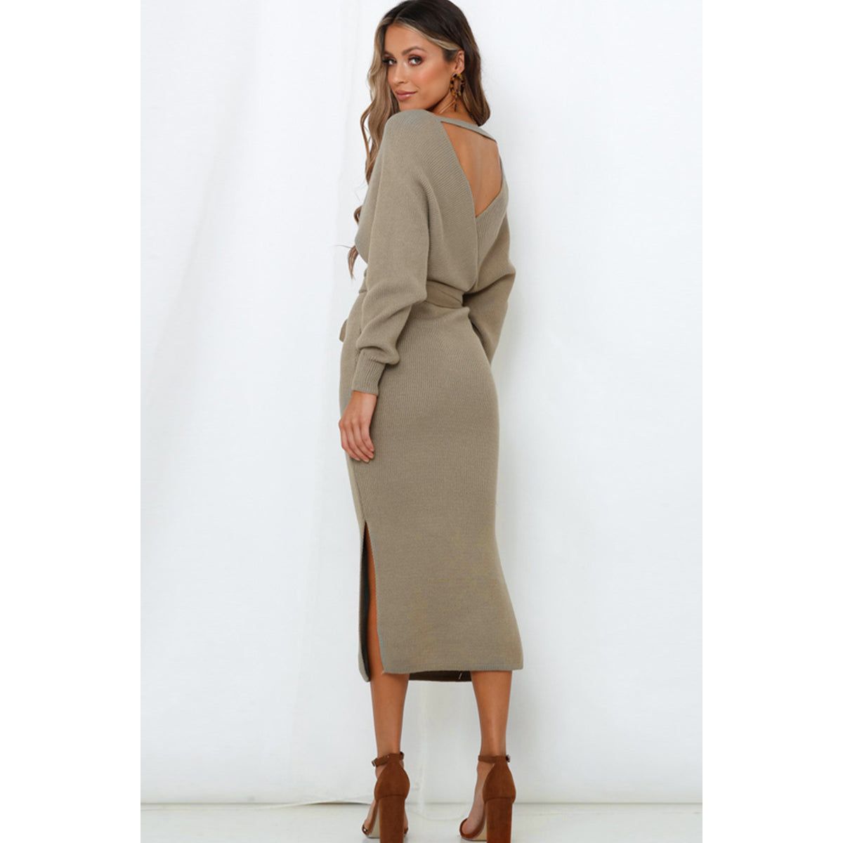 Surplice Neck Bow Waist Slit Sweater Dress