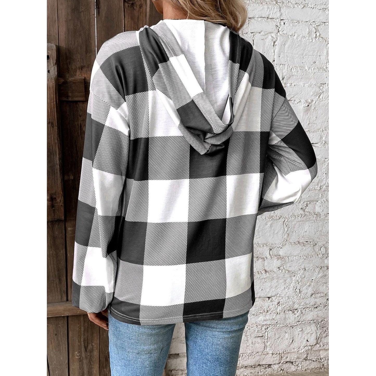 Plaid Dropped Shoulder Long Sleeve Hoodie