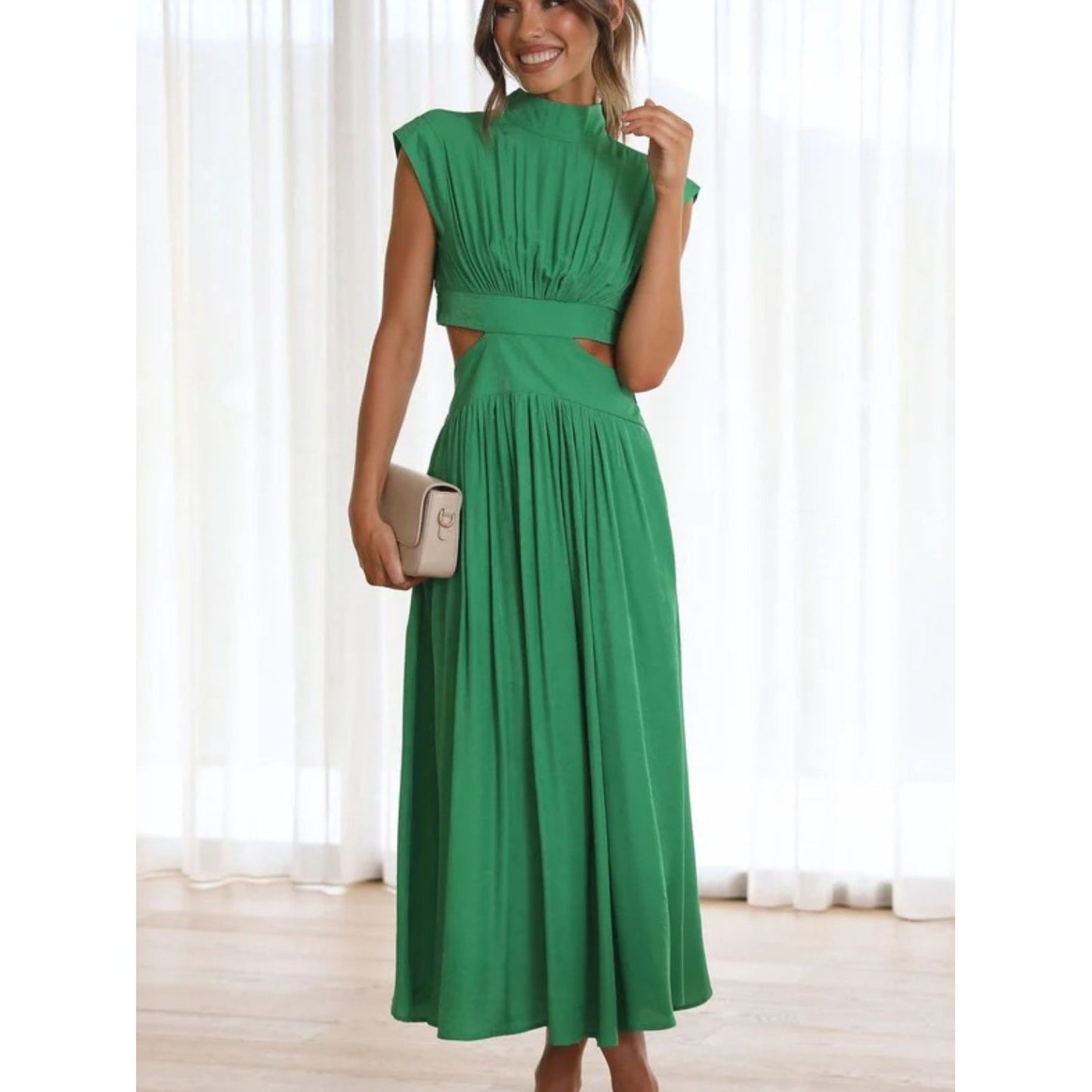 Cutout Mock Neck Sleeveless Ruched Dress