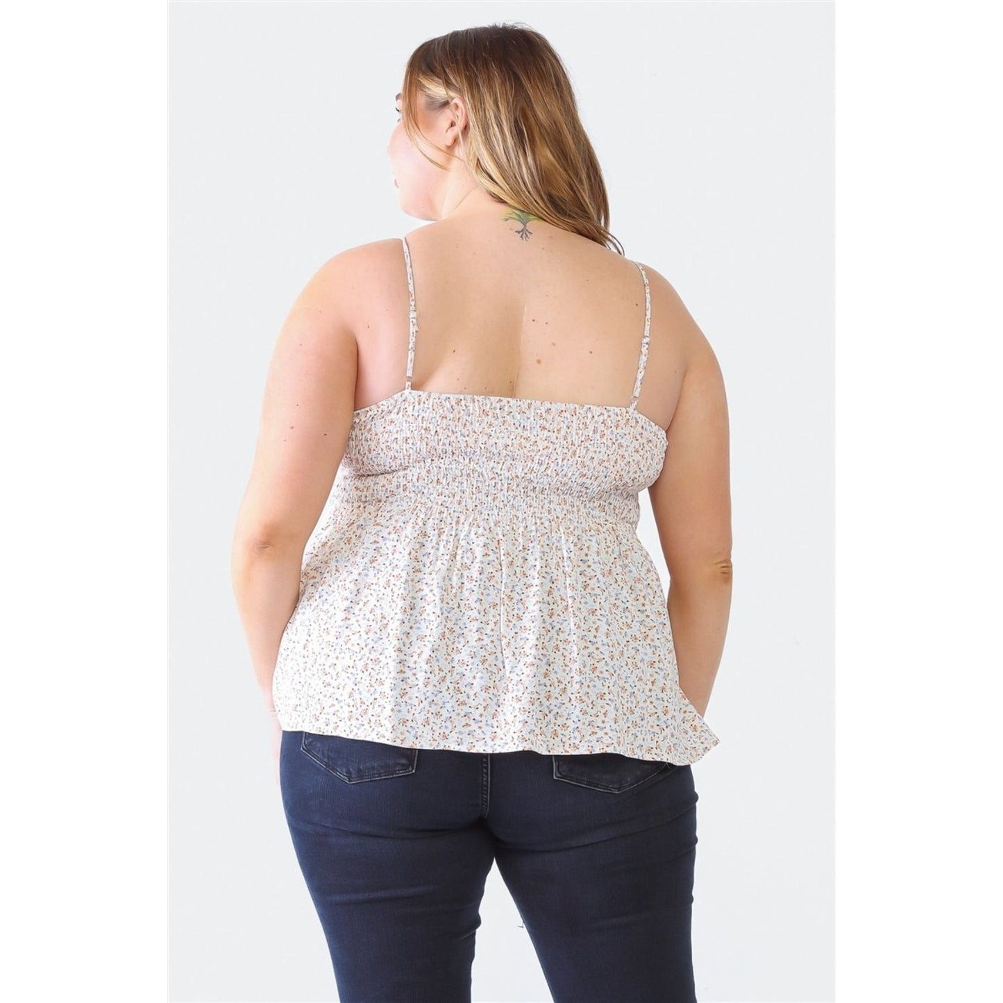 Zenobia Plus Size Frill Smocked Floral Sweetheart Neck Cami