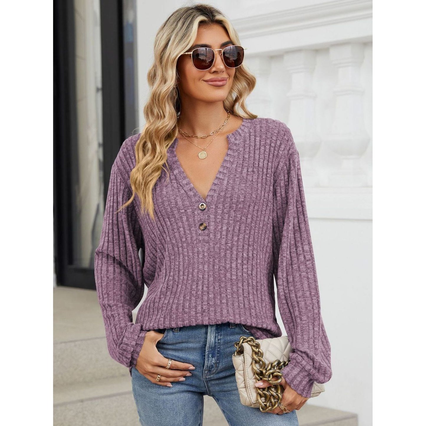 Ribbed Notched Long Sleeve T-Shirt