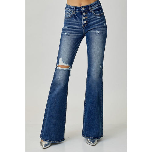 RISEN Distressed Button-Fly Flare Jeans