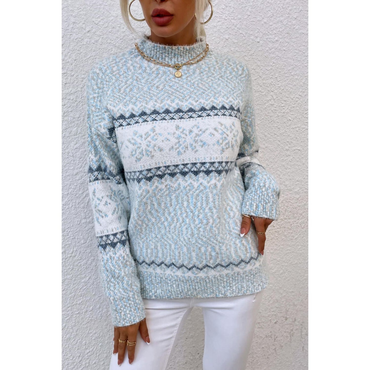 Snowflake Pattern Mock Neck Sweater