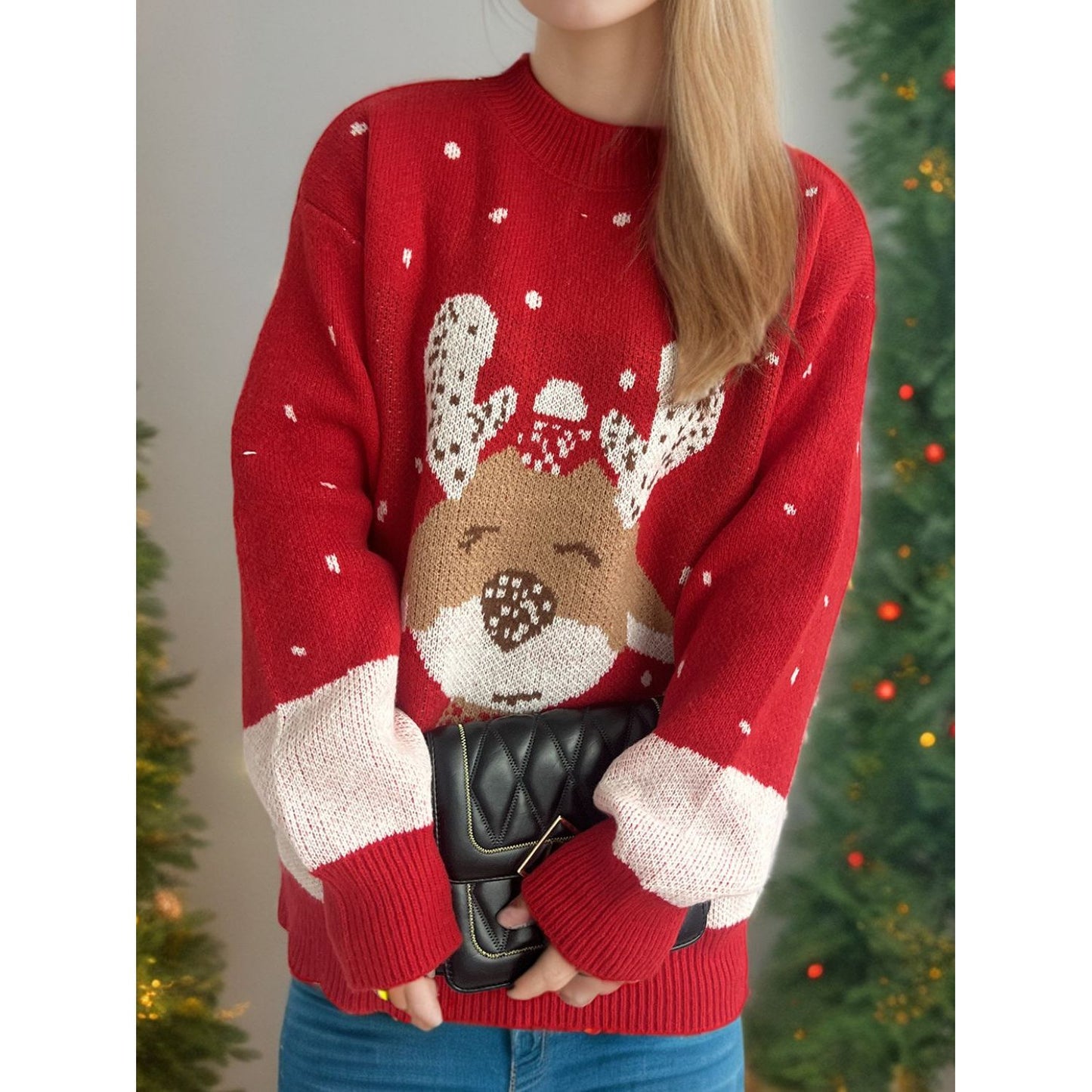 Reindeer Mock Neck Long Sleeve Sweater