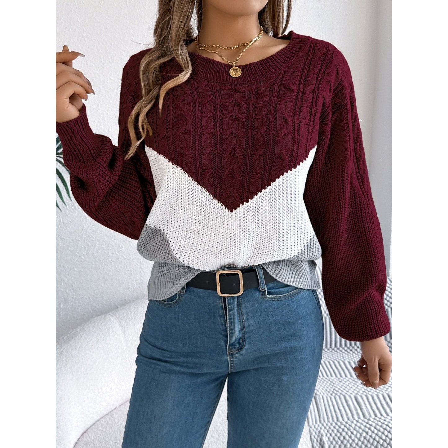 Cable-Knit Color Block Round Neck Sweater