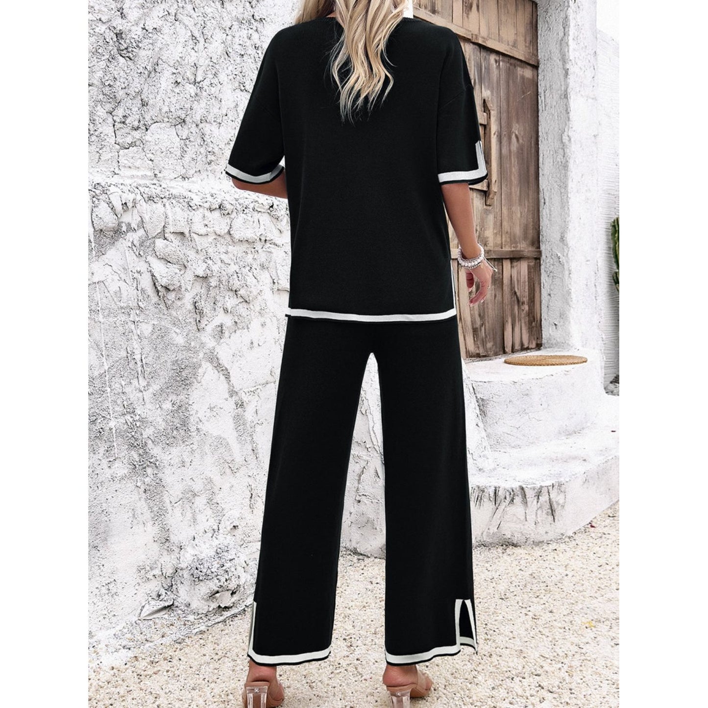 Contrast Trim Round Neck Top and Pants Set