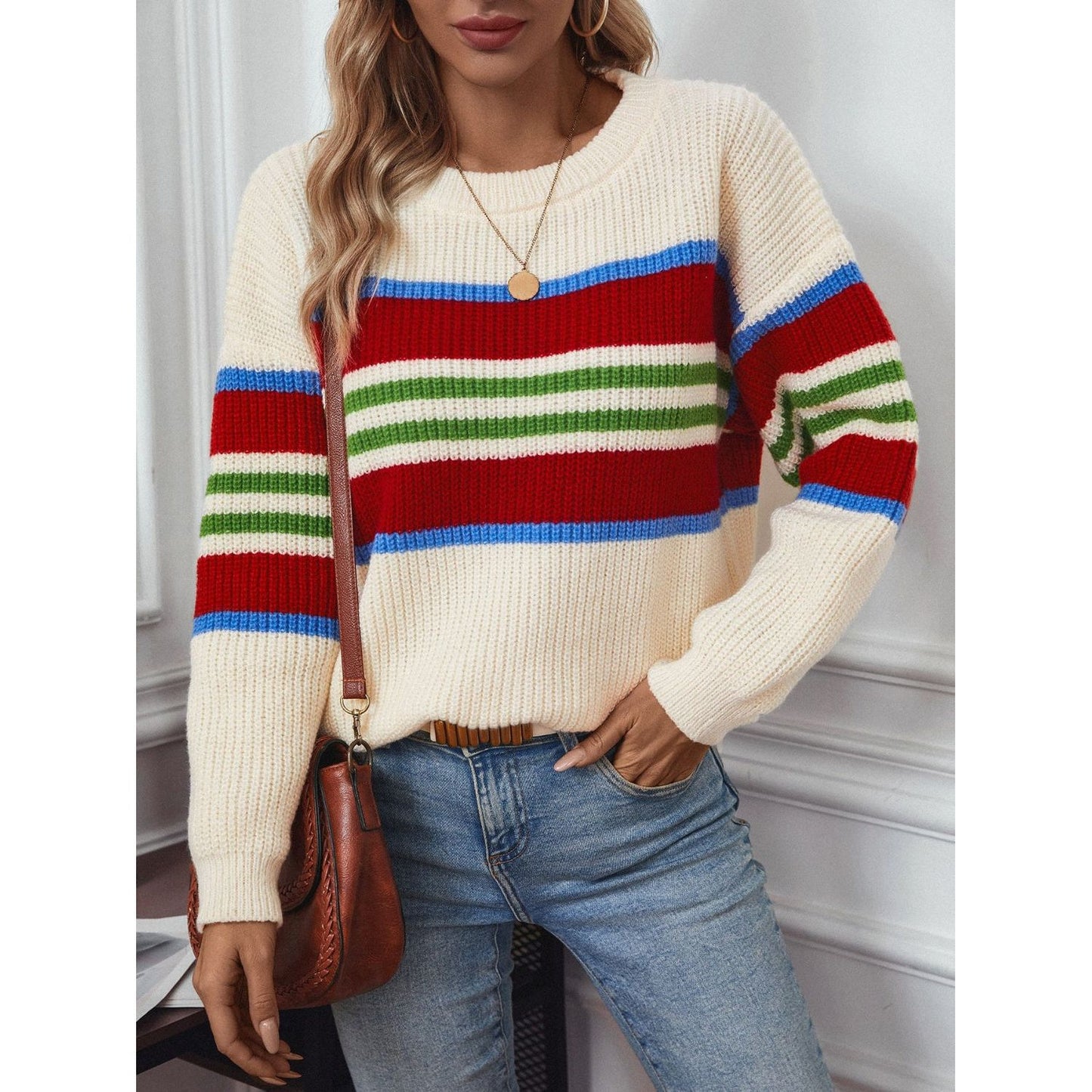 Contrast Stripes Round Neck Long Sleeve Sweater