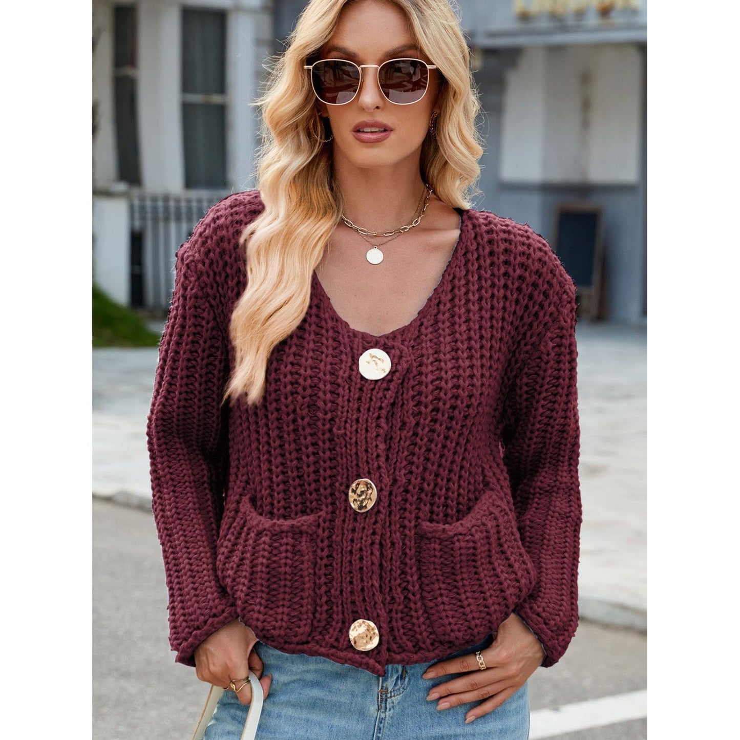 Round Neck Button Up Cardigan with Pockets