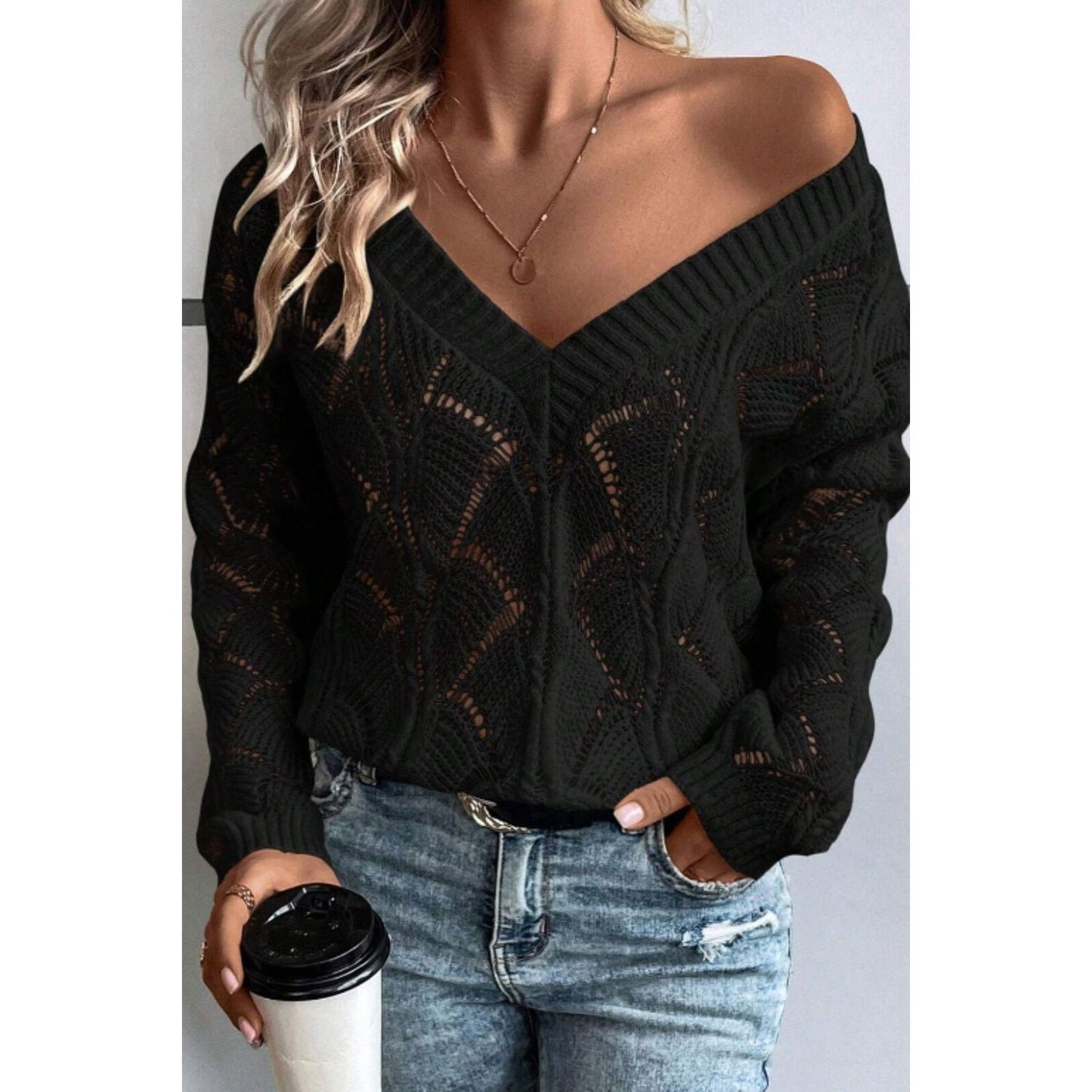 Openwork V-Neck Long Sleeve Sweater