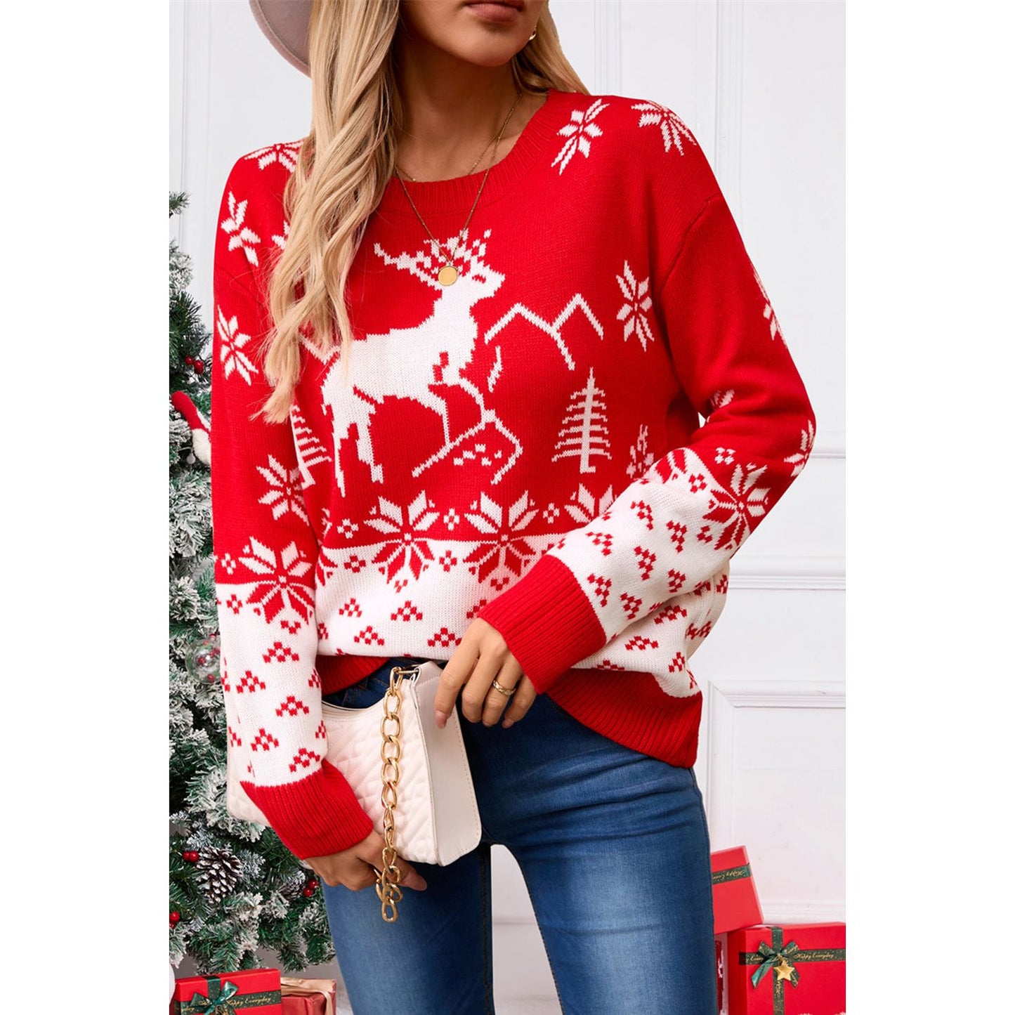 Angel Wings Deer Pattern Round Neck Long Sleeve Sweater