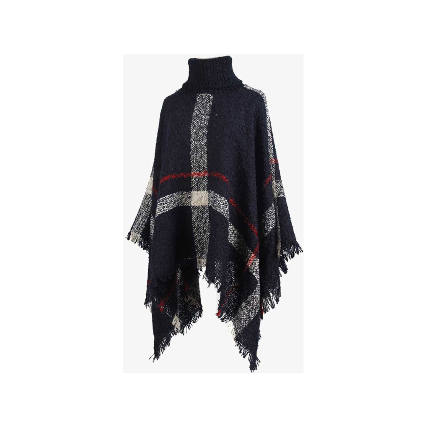 Plaid Turtleneck Raw Hem Poncho