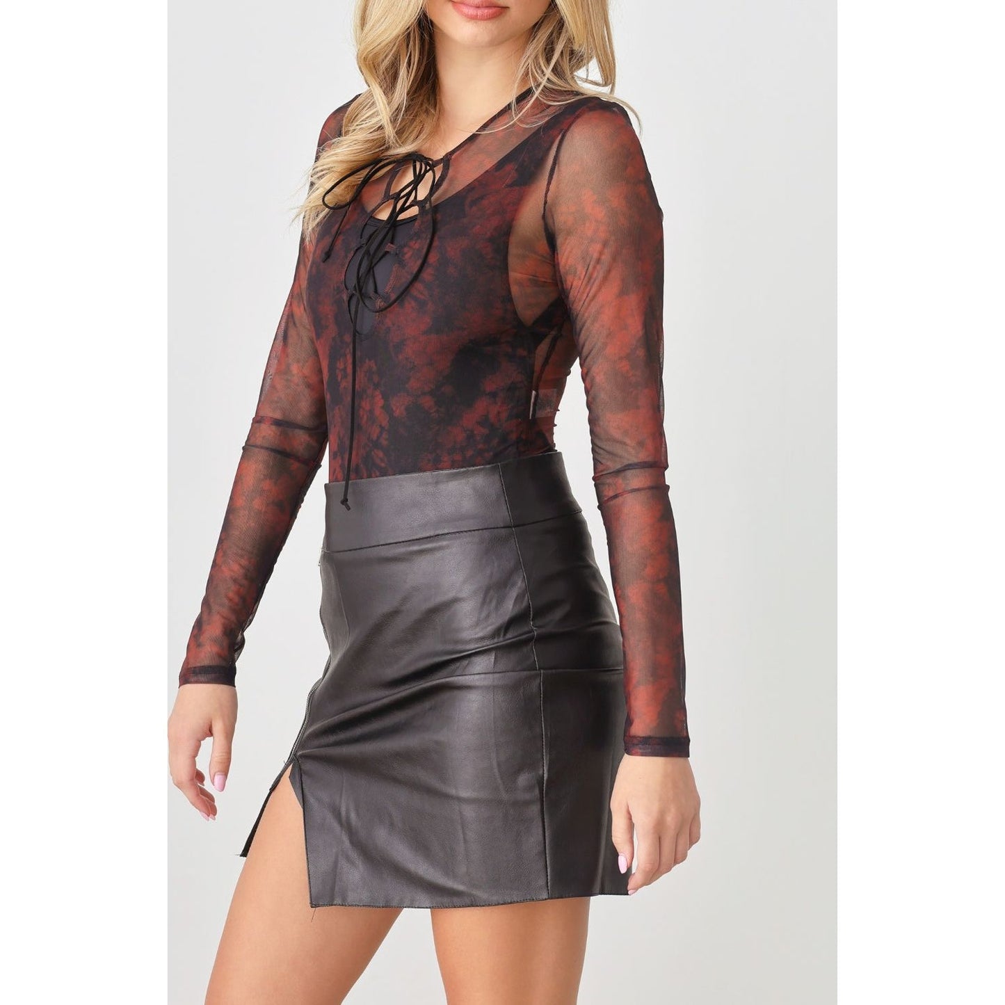 HERA COLLECTION Abstract Mesh Lace-Up Long Sleeve Bodysuit