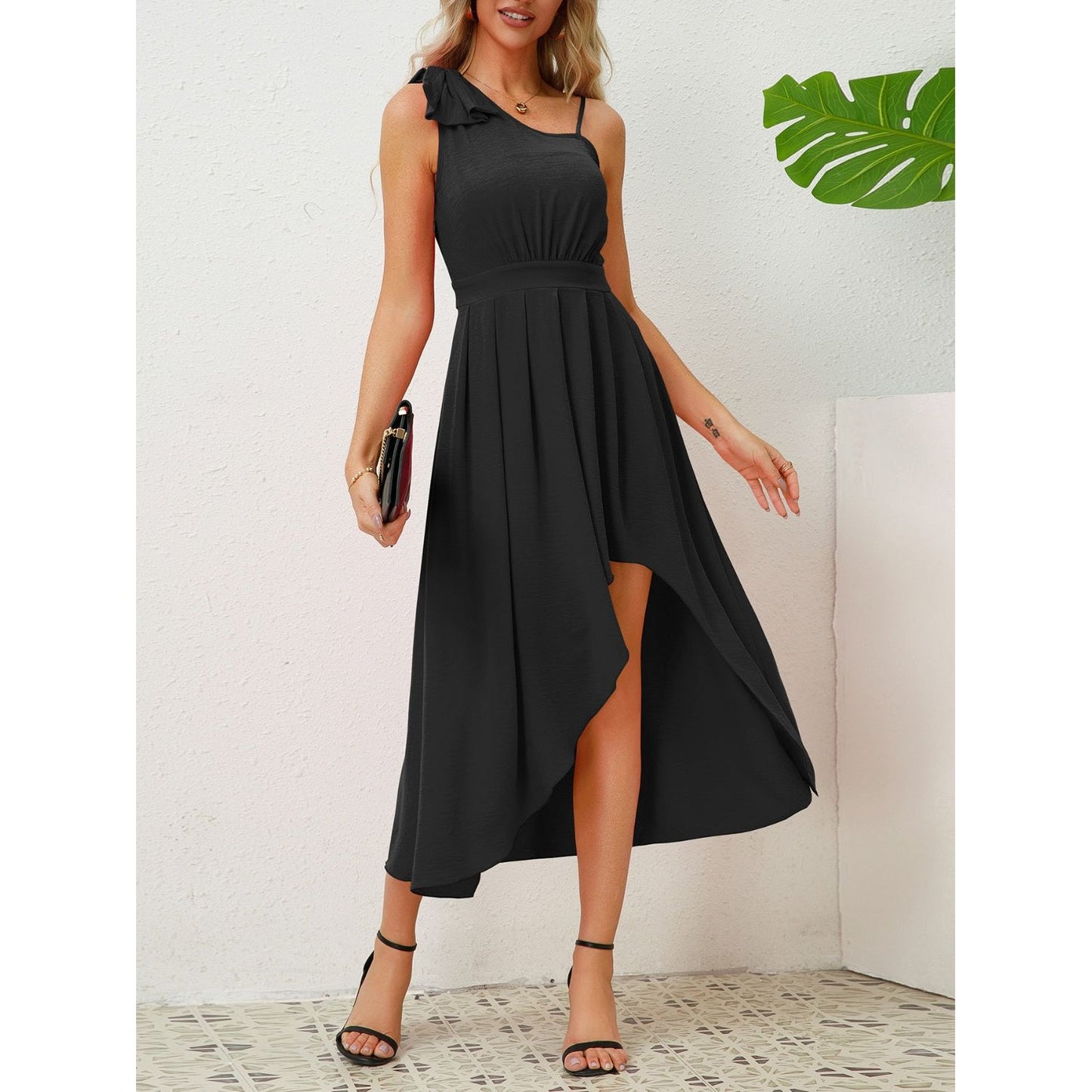 Bow Asymmetrical Neck Sleeveless Dress