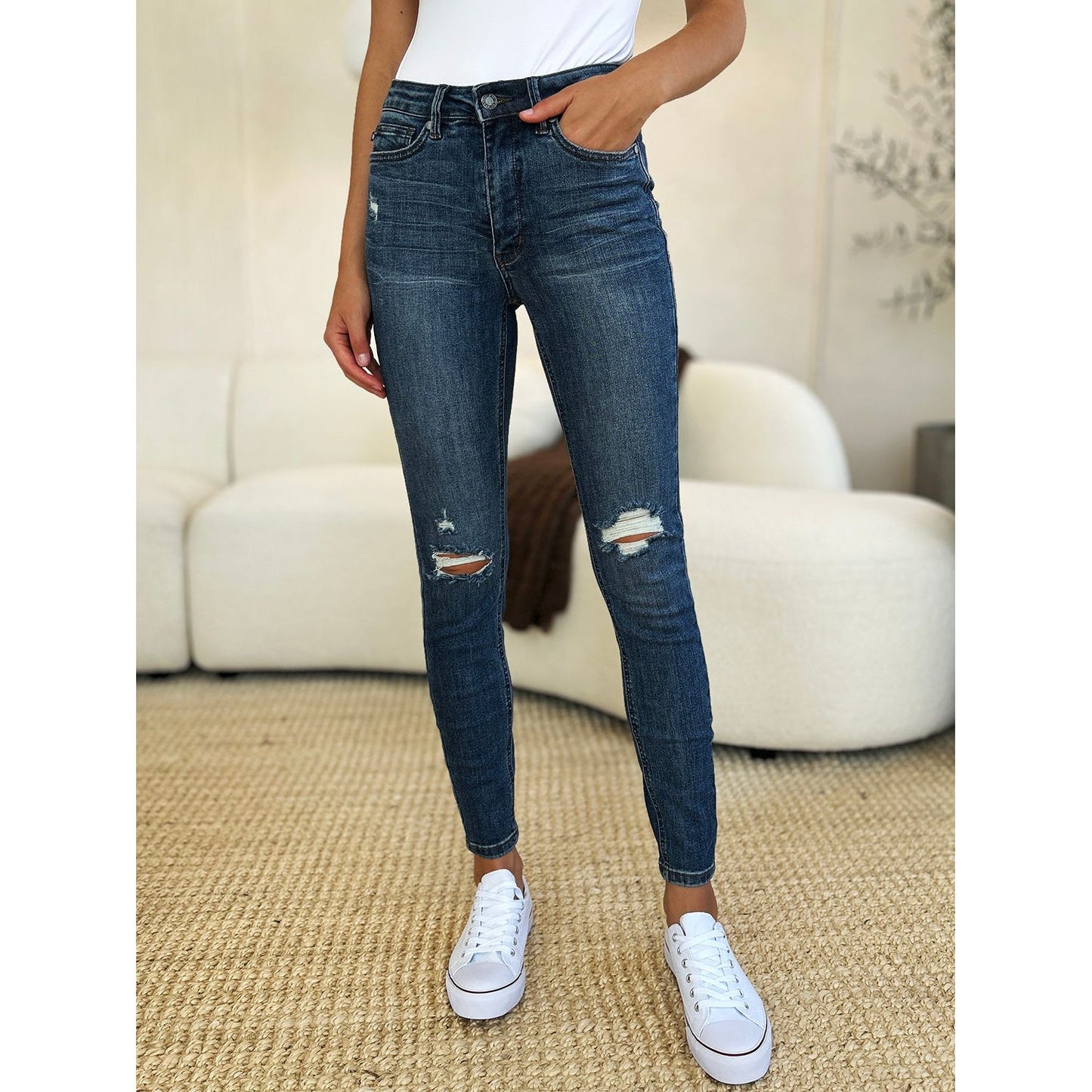 Judy Blue Full Size Mid Waist Distressed Slim Jeans