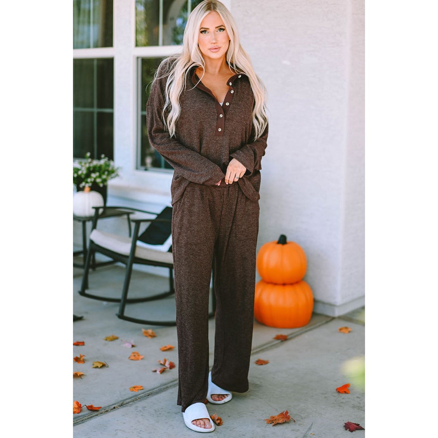 Buttoned Long Sleeve Top and Long Pants Lounge Set