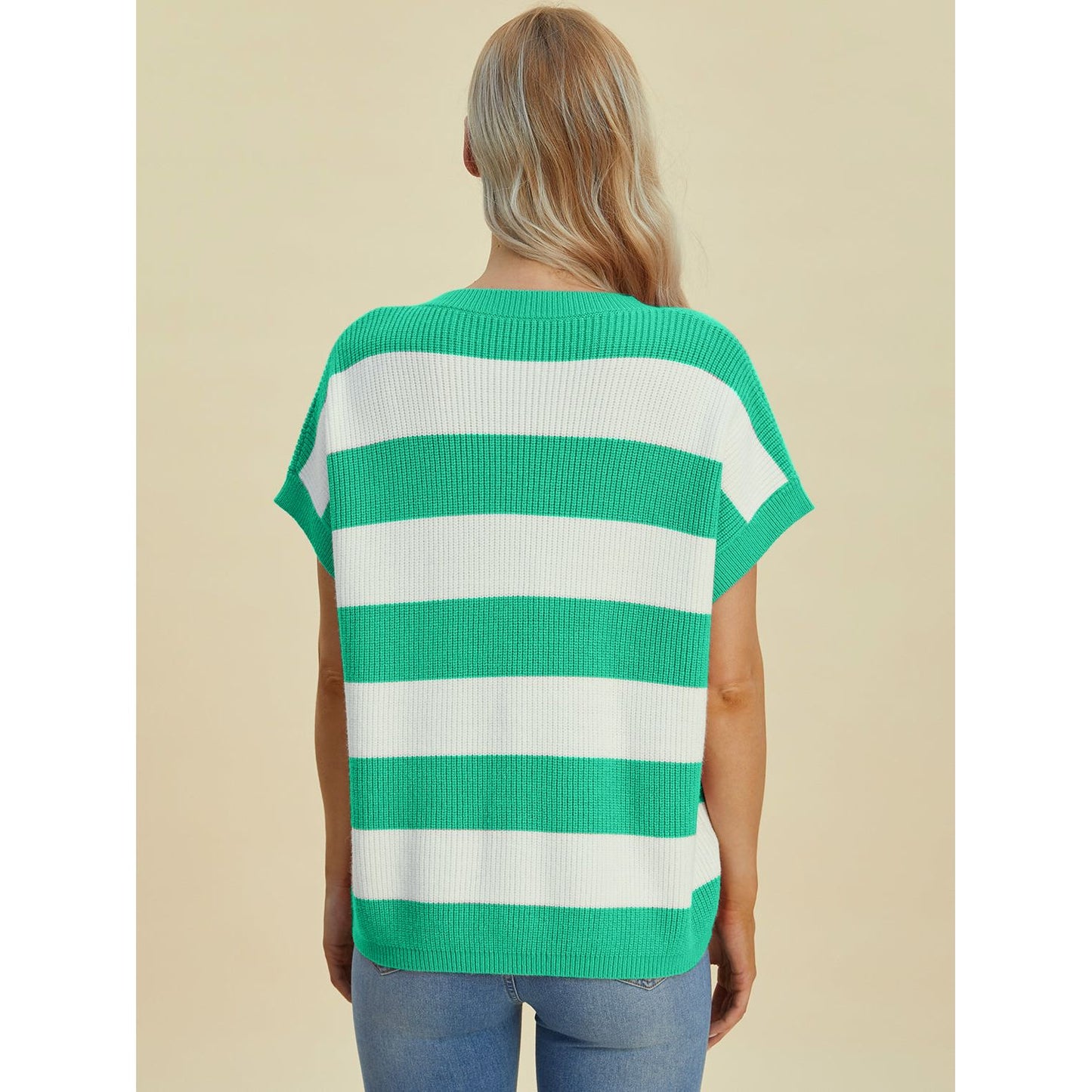 Double Take Full Size Striped V-Neck Short Sleeve Sweater