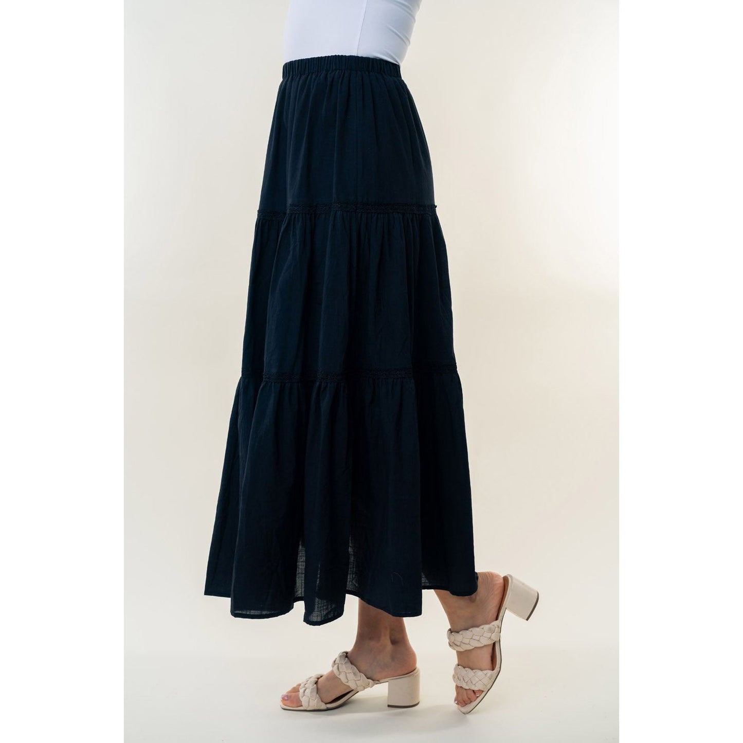 White Birch High Waisted Tiered Maxi Skirt