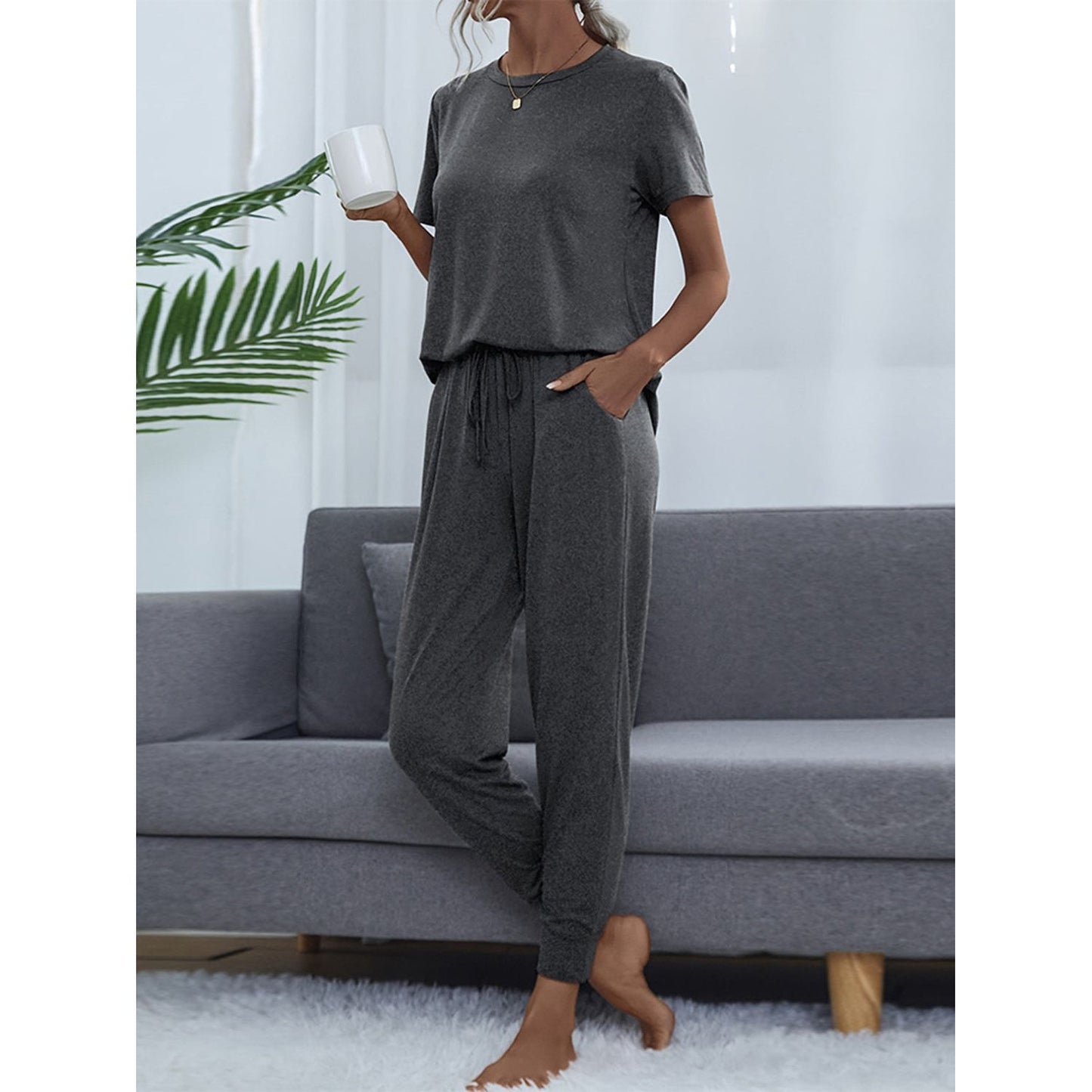 Shiny Round Neck Short Sleeve Top and Pants Set