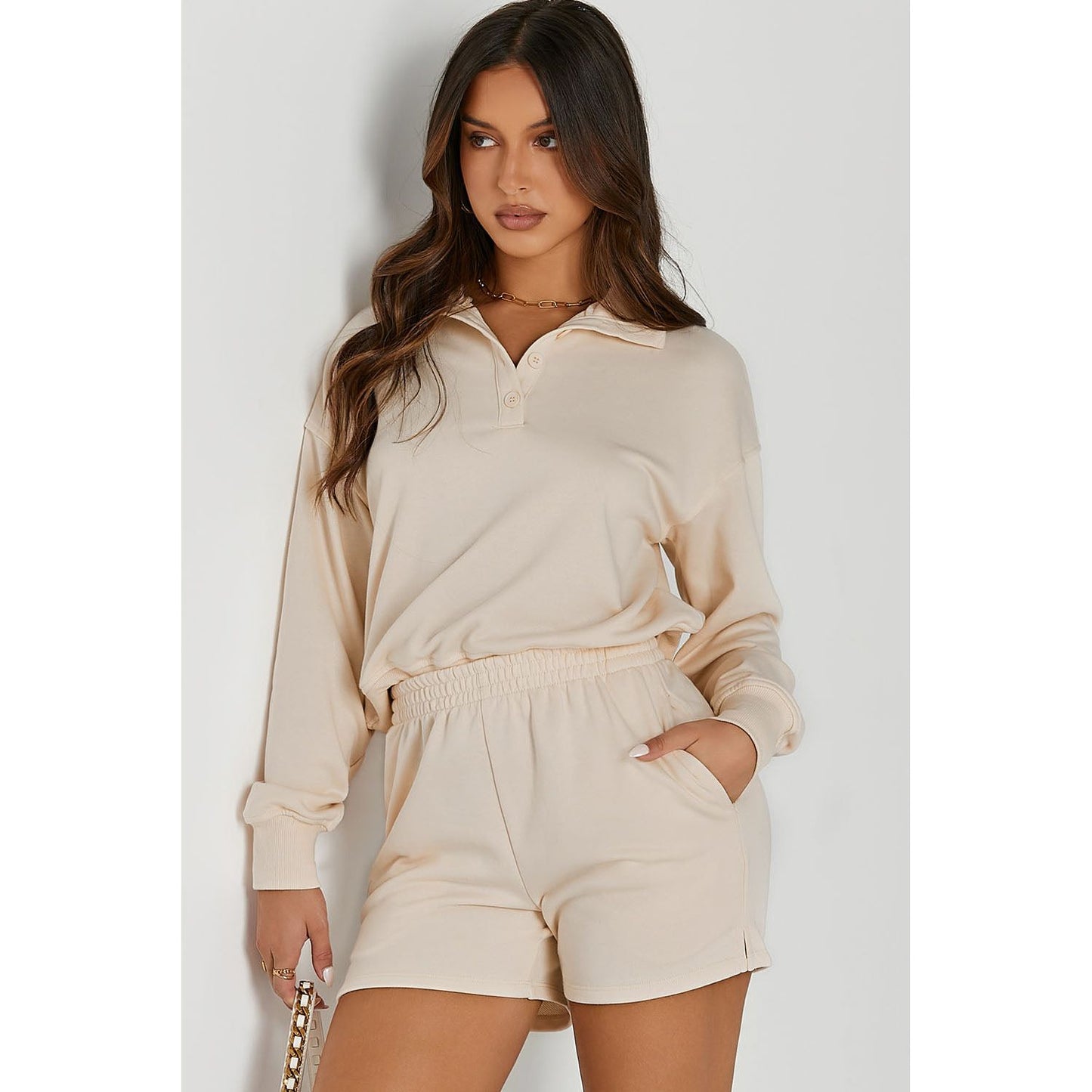 Half Button Sweatshirt and Shorts Active Set