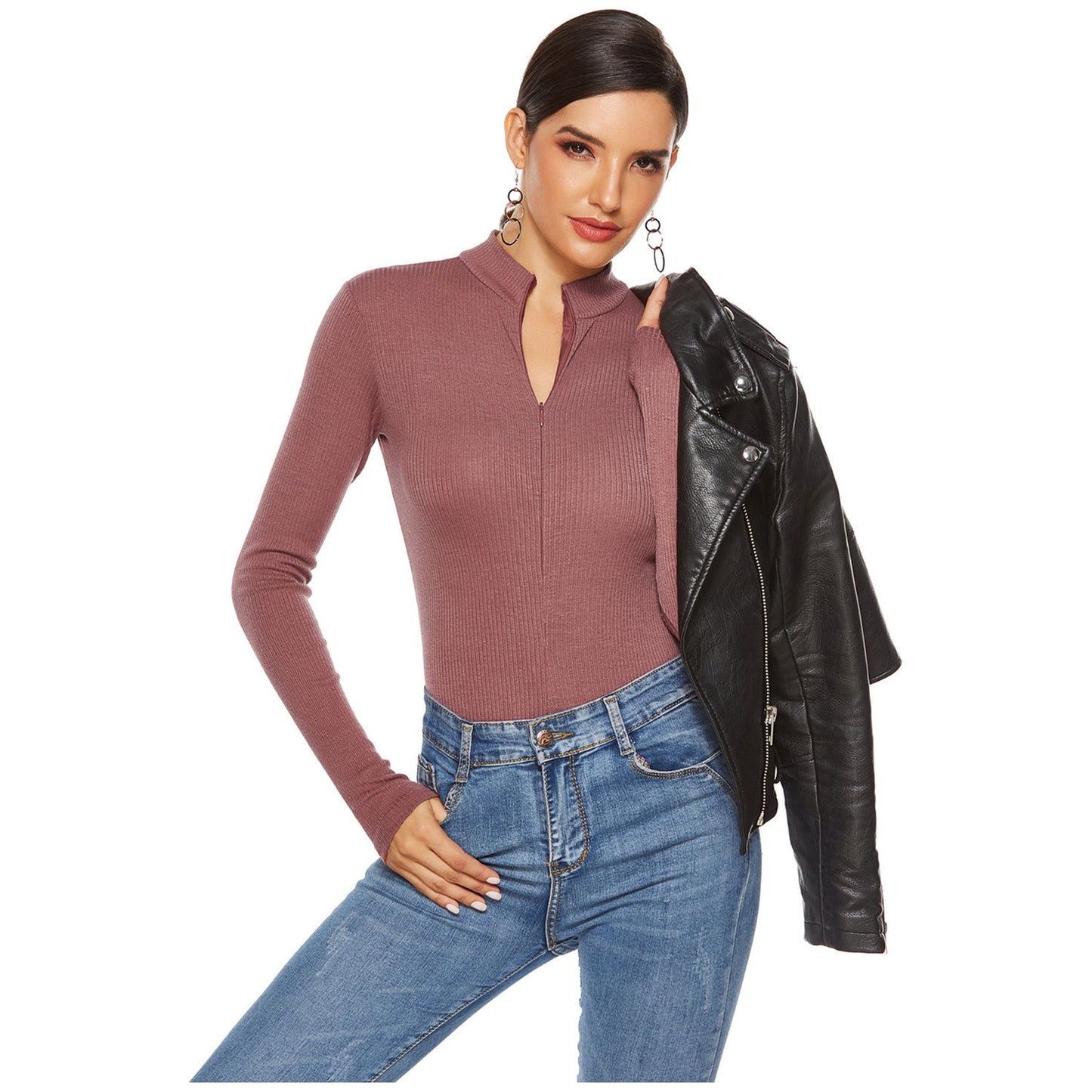 Full Size Ribbed Half Zip Long Sleeve Bodysuit