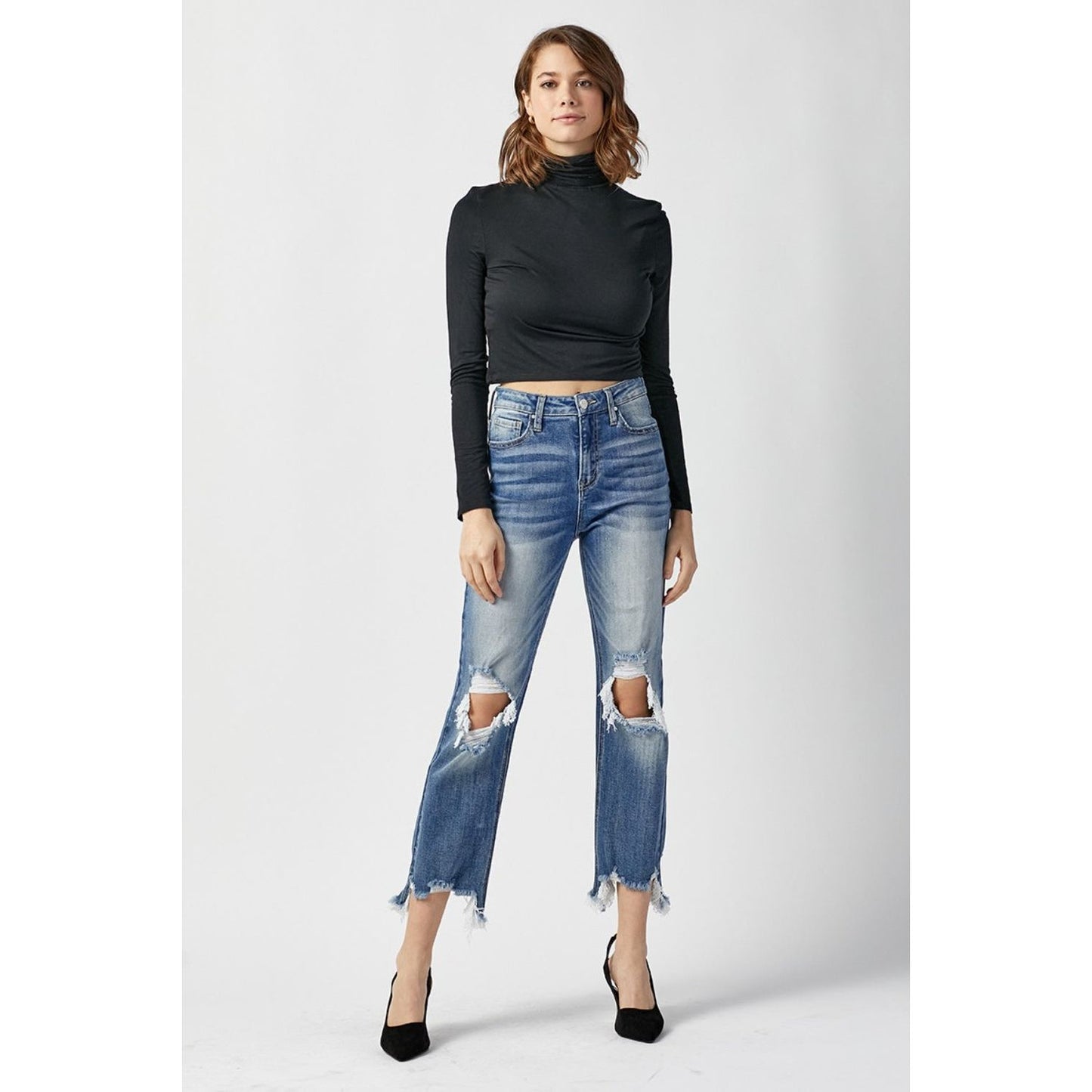 RISEN High Waist Distressed Frayed Hem Cropped Straight Jeans