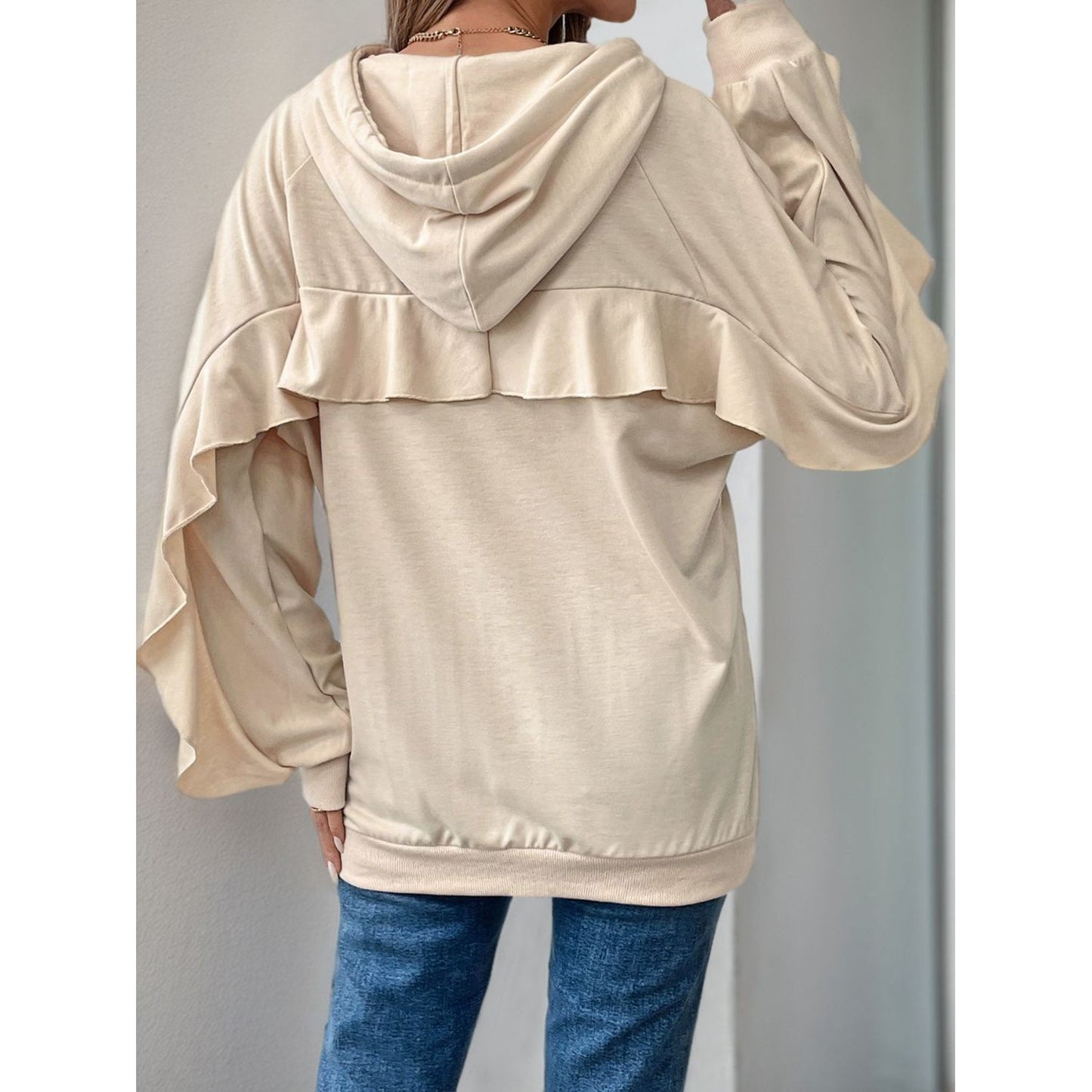 Perfee Drawstring Ruffled Long Sleeve Hoodie