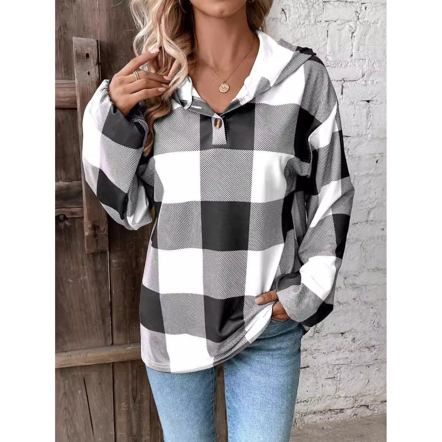 Plaid Dropped Shoulder Long Sleeve Hoodie