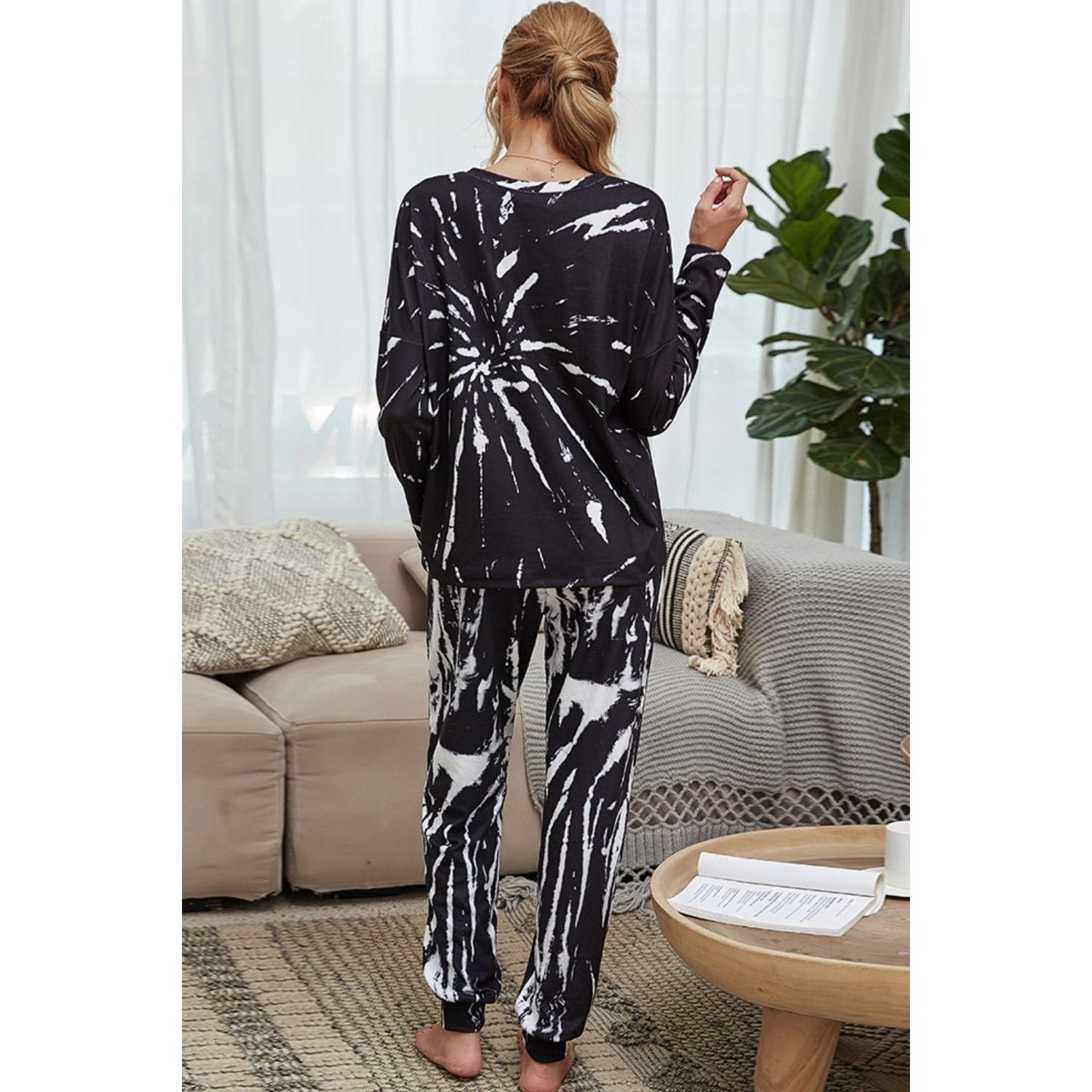 Tie-Dye Round Neck Top and Drawstring Waist Joggers Lounge Set