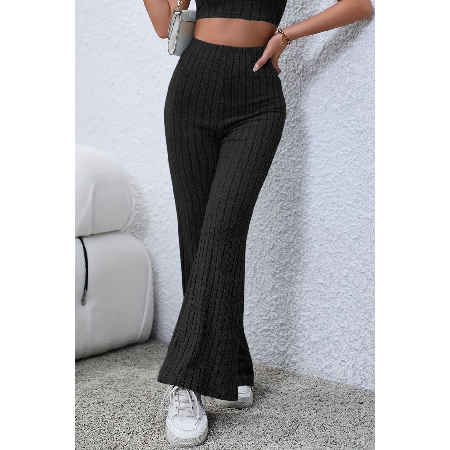 Basic Bae Full Size Ribbed High Waist Flare Pants