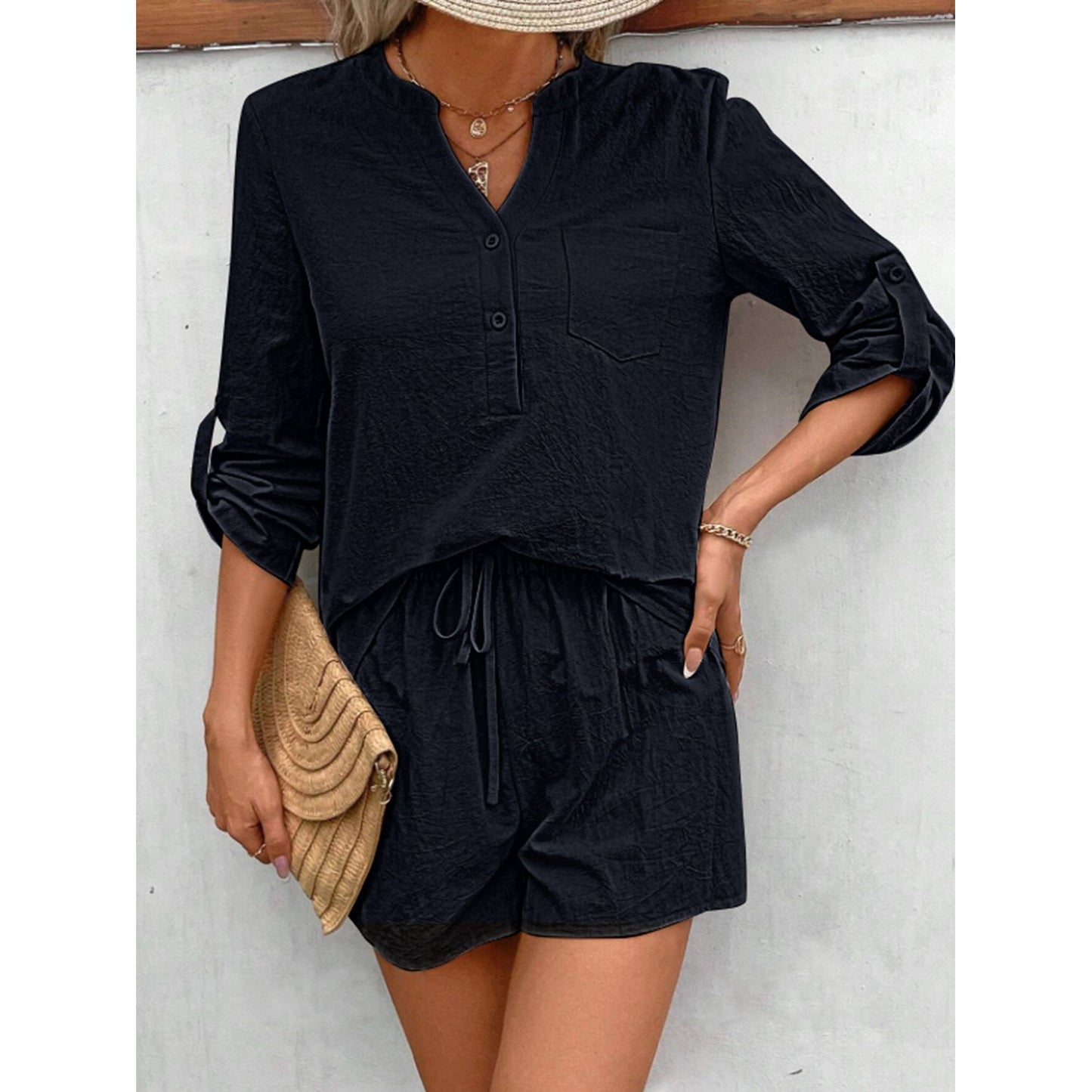 Notched Long Sleeve Top and Shorts Set