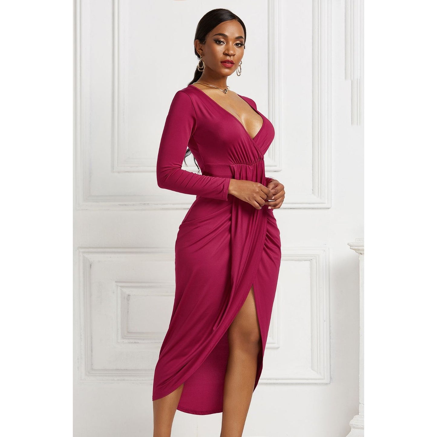 High-low Ruched Surplice Long Sleeve Dress