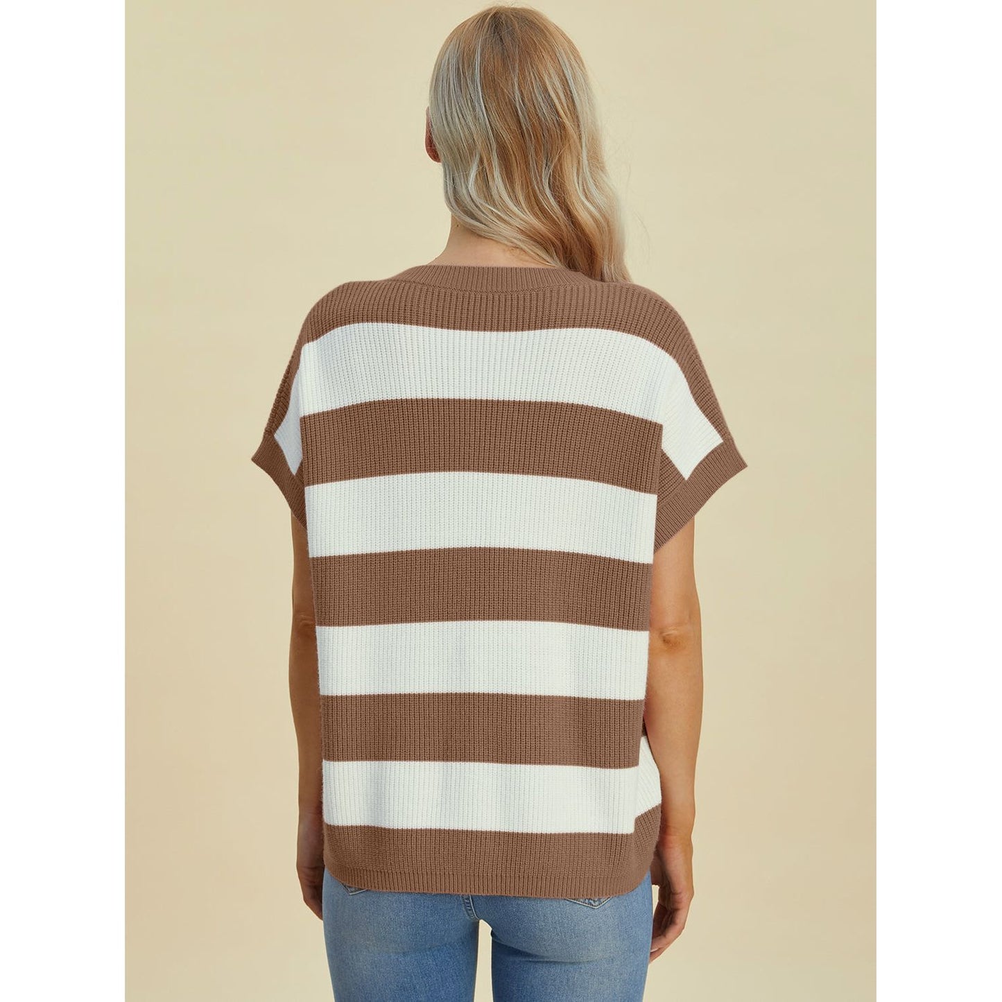 Double Take Full Size Striped V-Neck Short Sleeve Sweater