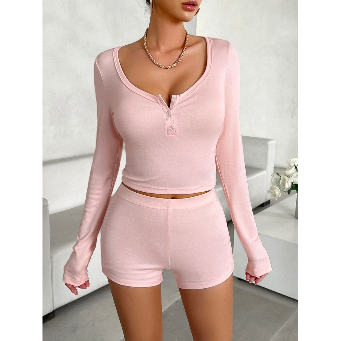 Devine Scoop Neck Long Sleeve Top and Shorts Set