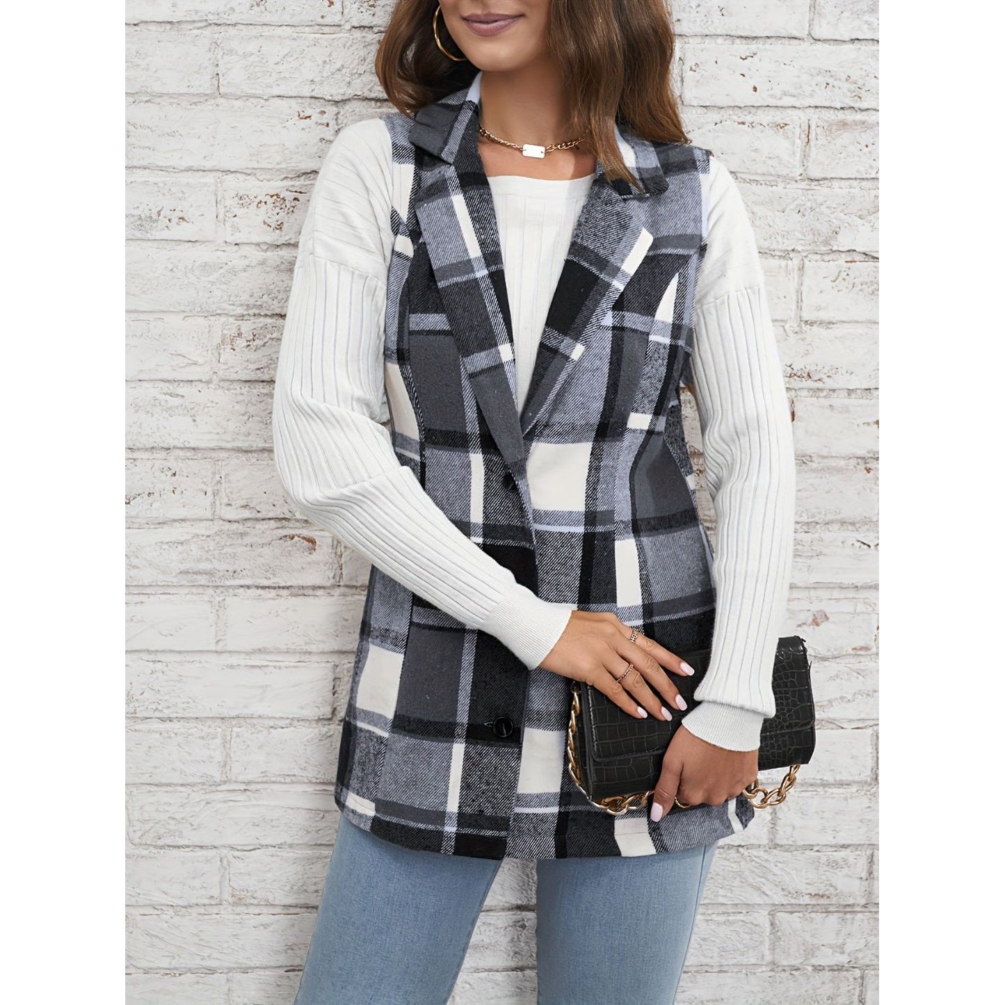 Plaid Button Down Vest Coat