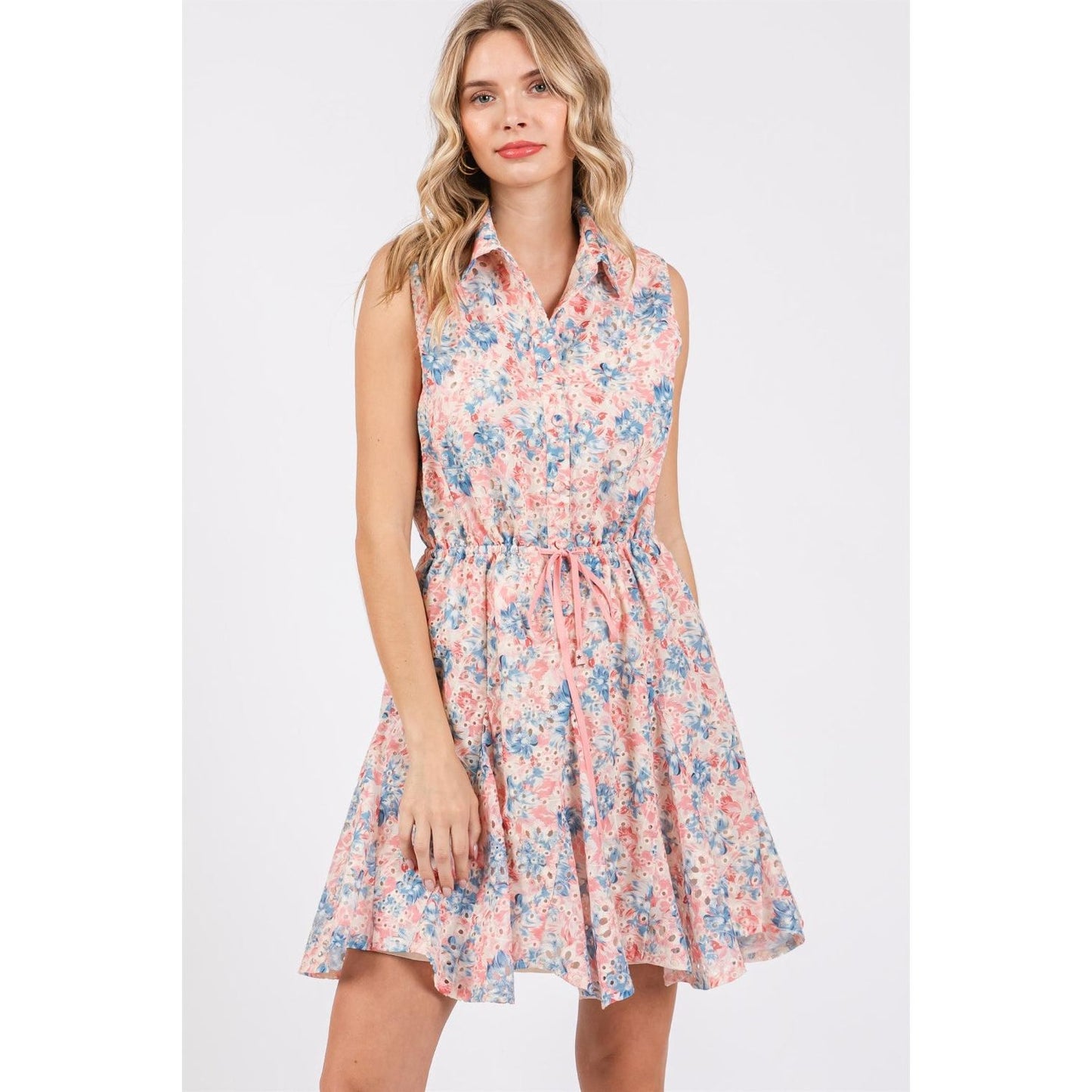 GeeGee Full Size Floral Eyelet Sleeveless Mini Dress