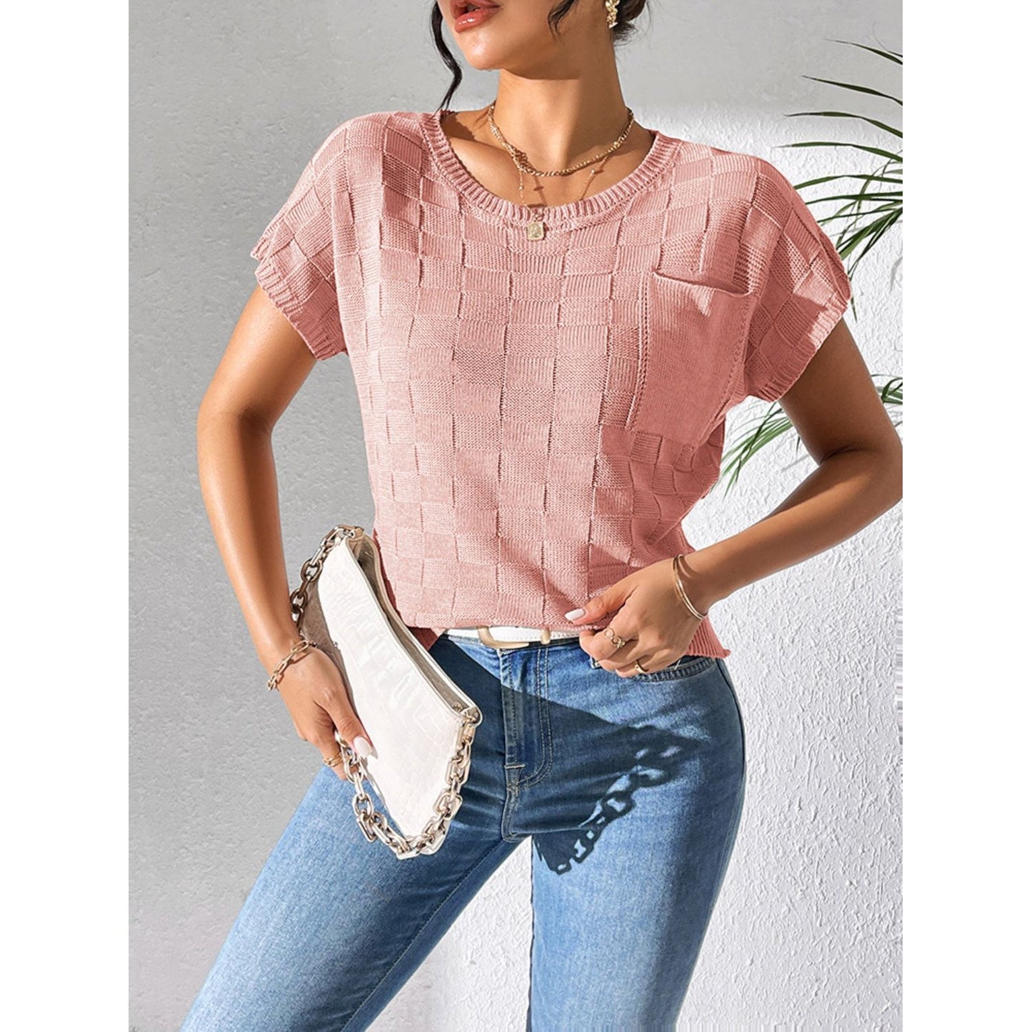 Round Neck Short Sleeve Knit Top